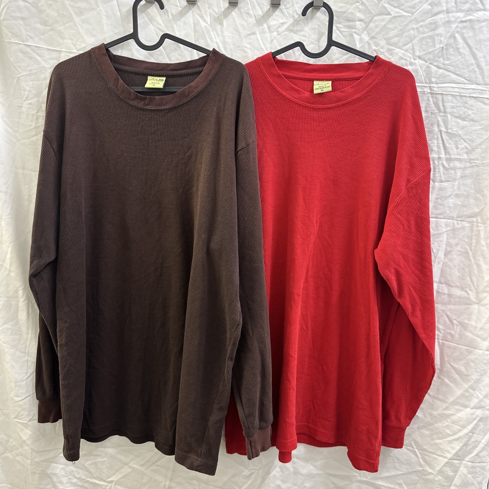Lot (2) City Lab Classic Waffle Thermal Long Sleeve Brown/Red Shirt Mens XL