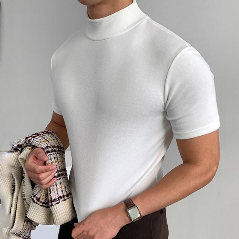 New Mens T-Shirt Short Sleeve Basic Mock Turtleneck Slim Fit Pullover Solid Tops