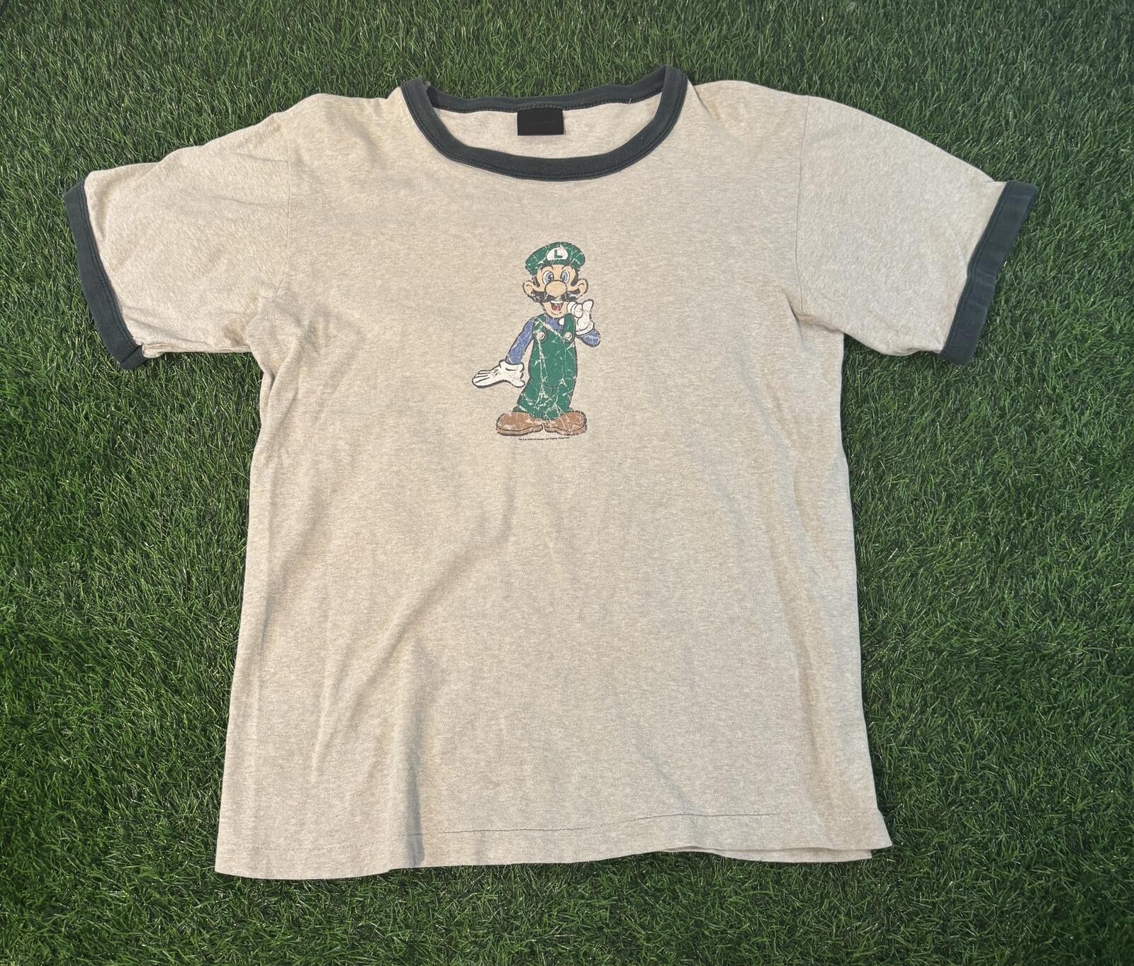 Nintendo Luigi Ringer Graphic T-Shirt Beige Green Vintage 2003 Mens Medium