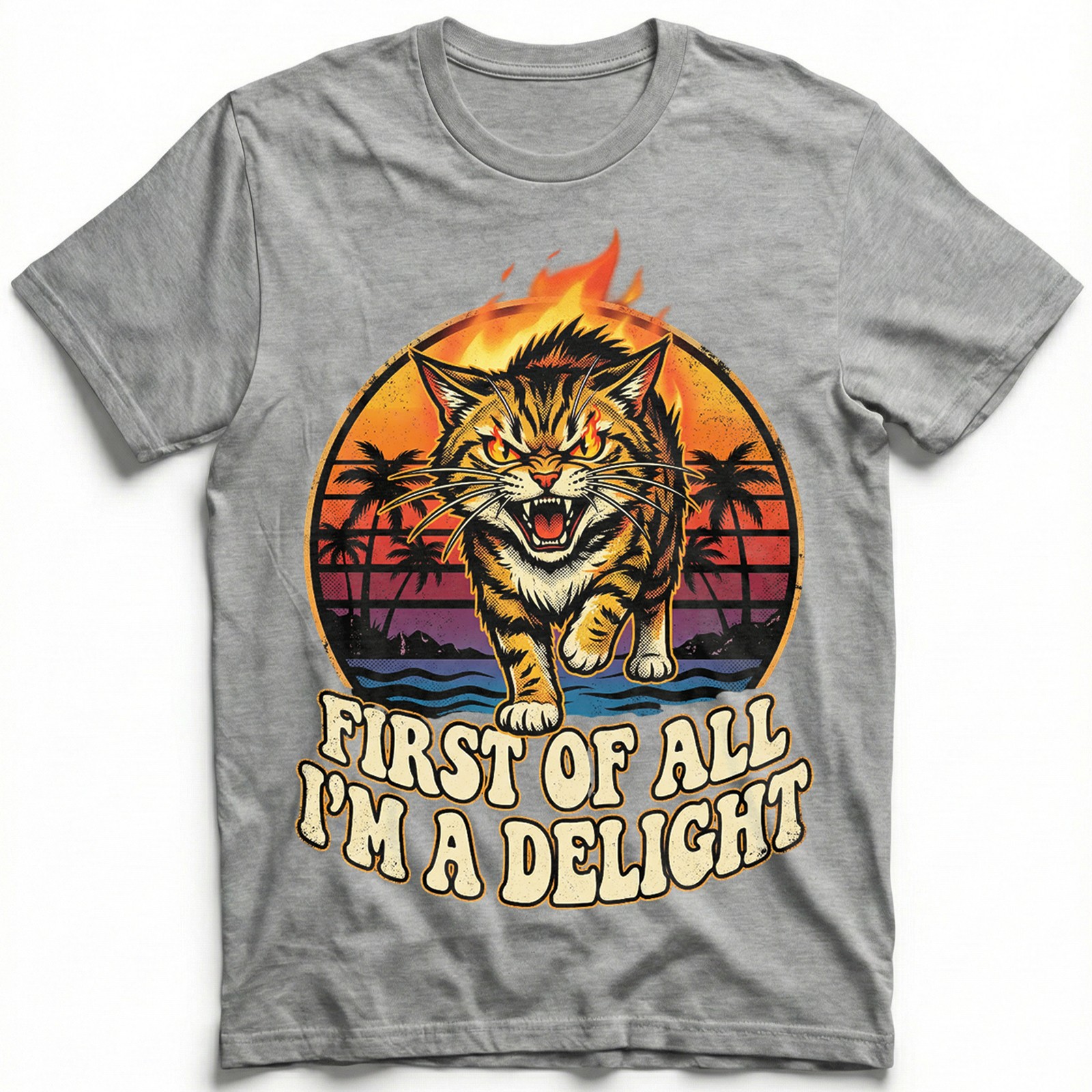 Angry Tiger Fire Eyes Tropical Beach Tee Retro Sunset Palm Trees T-Shirt