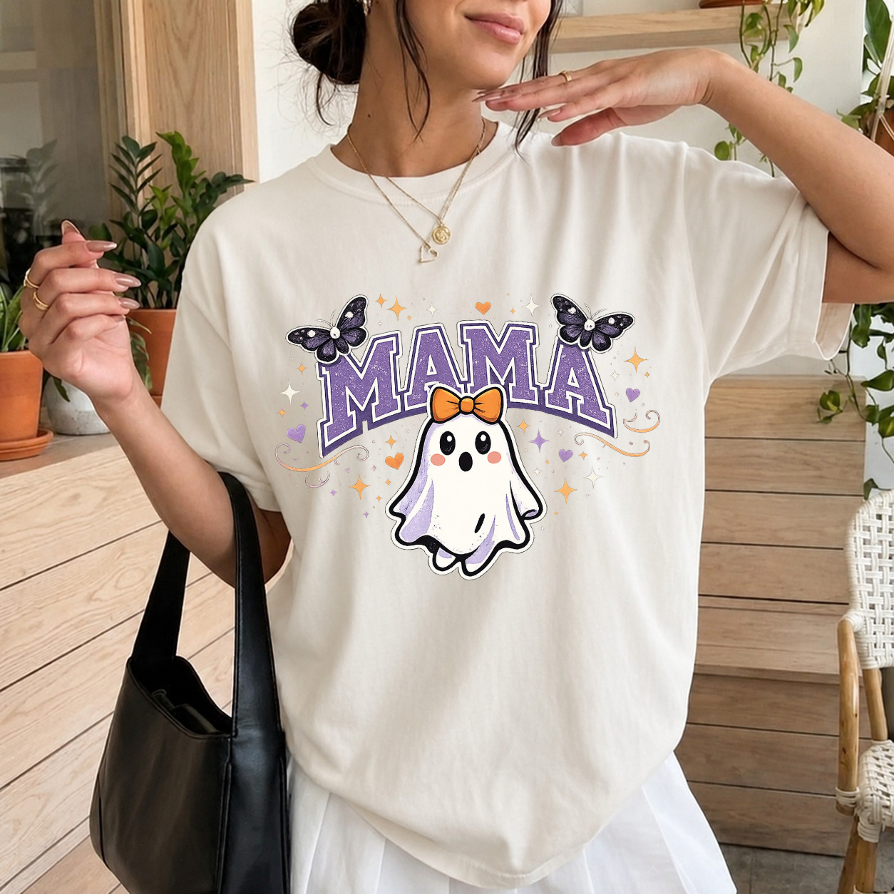 Cute Mama Ghost T-Shirt Purple Glitter Halloween Spooky Mom Bow Graphic Shirt