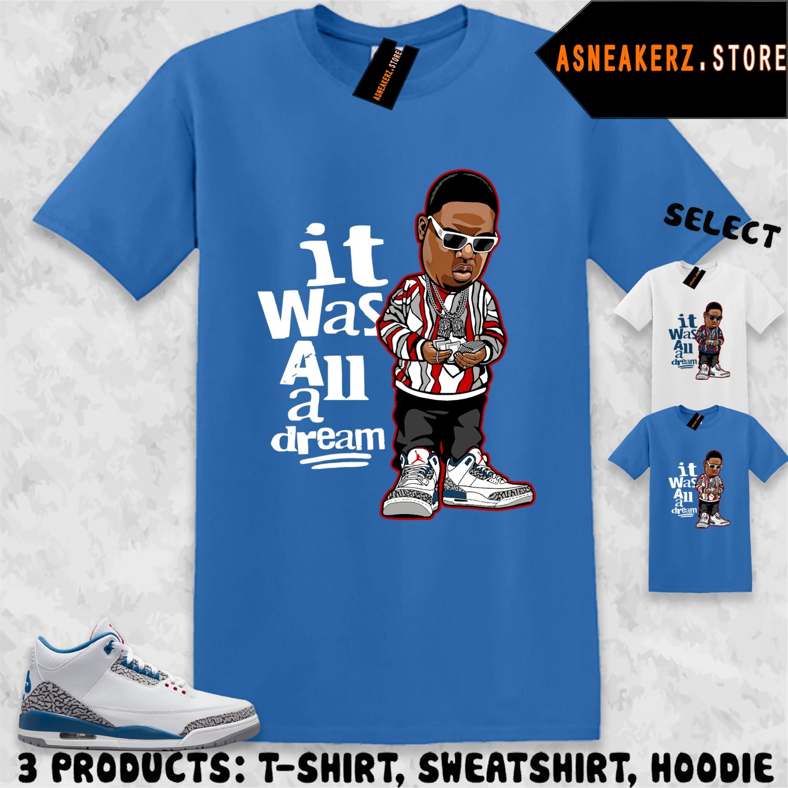 Shirt Matching AJ 3 OG True Blue 2026 Match Sneaker Sneakerhead Biggie T-Shirt