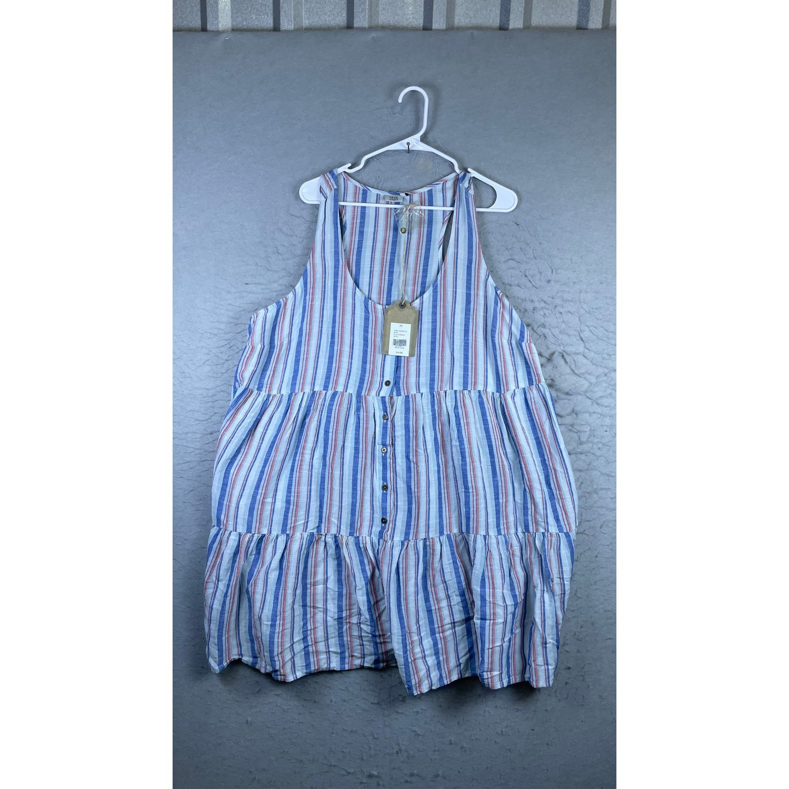 True Craft Tiered Tank Top Mens 2X Blue New Striped Sleeveless Button Front