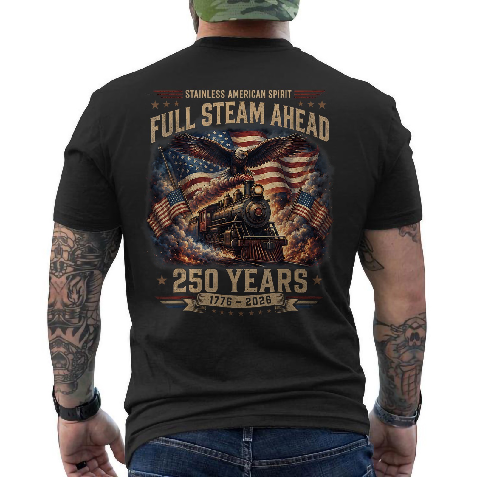 250th Anniversary USA Big Boy 4014 Train Vintage US Flag ON BACK T-Shirt