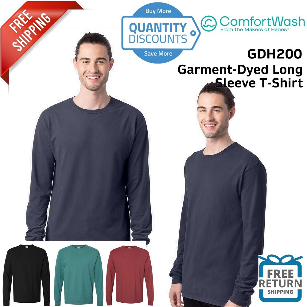 ComfortWash By Hanes Mens Garment Dyed Long Sleeve T-Shirt GDH200 Up To 3XL