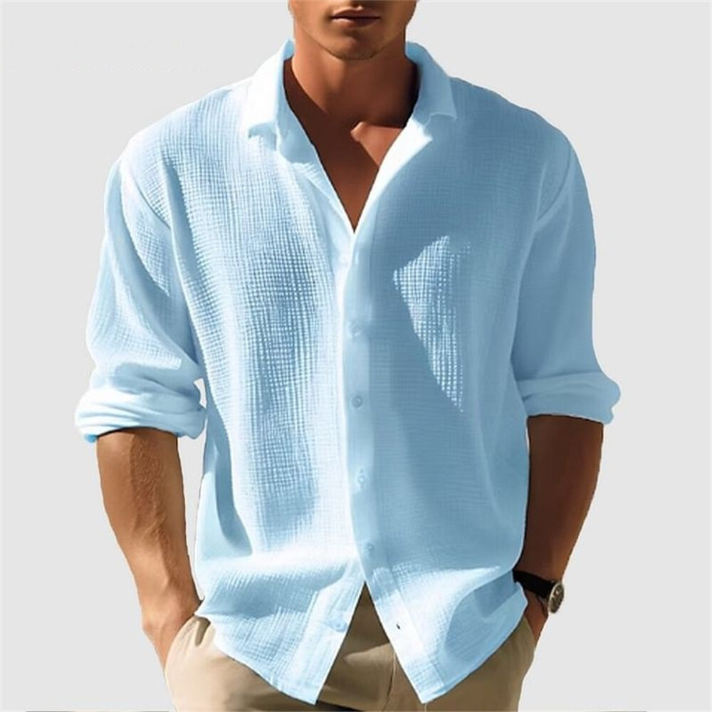 Men’s Waffle Shirt Casual Slim Shirts Long Sleeve Button Down Tops Blouse