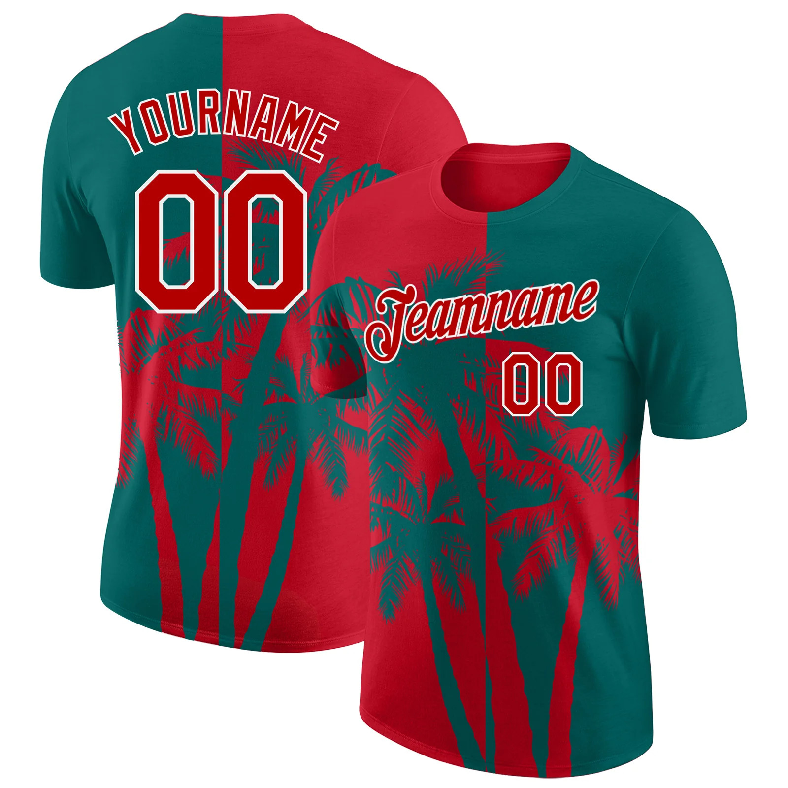 Custom Teal Red White Hawaii Palm Tree T-Shirt Tropical Summer Beach Gift Tee
