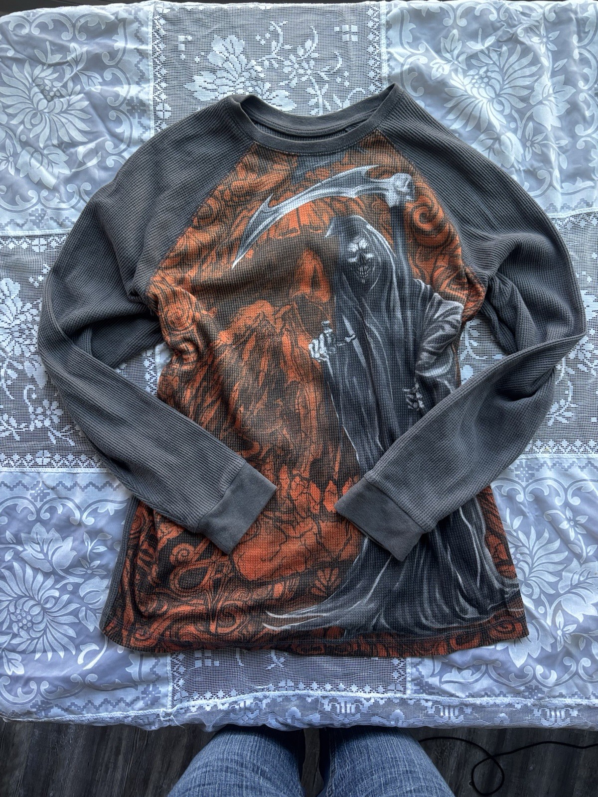 Y2K Skater Style Gray and Red Long Sleeve Thermal with Grim Reaper Graphic