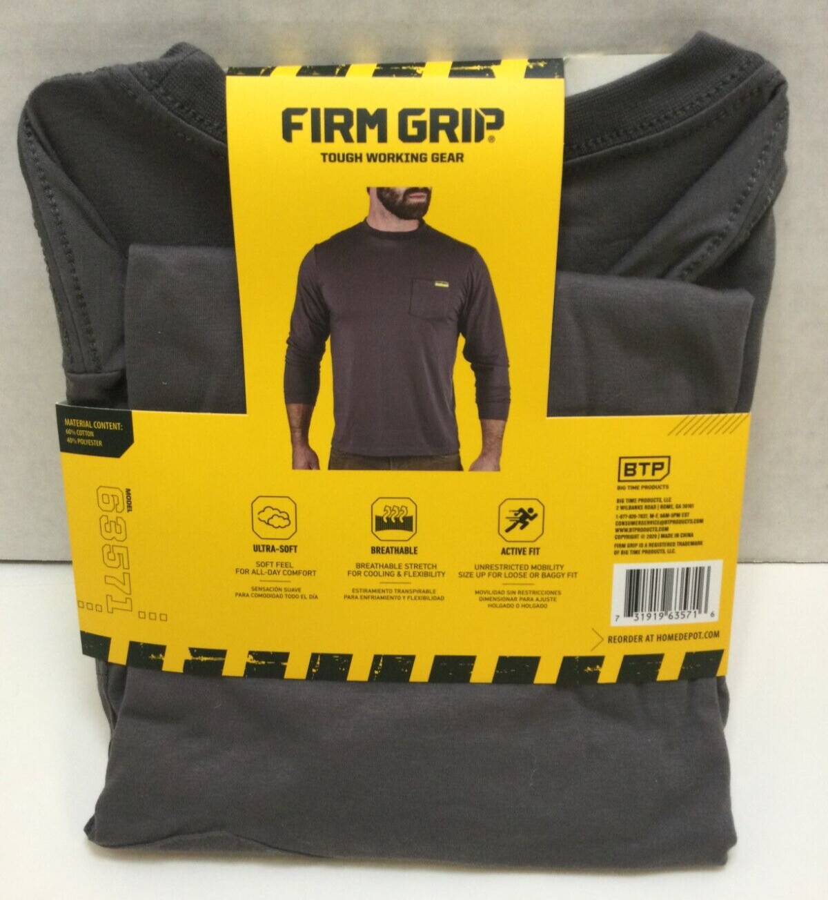 Firm Grip, Long Sleeved Pocket T-Shirt, Men’s Medium, Gray, Tagless, Active Fit