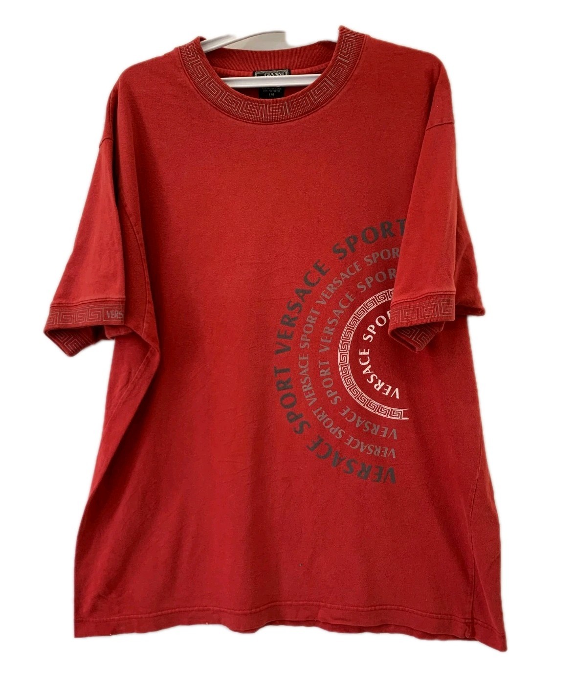 Vintage Gianni Versace Couture T-Shirt Red Greek Key Logo Men’s Size L/G #240