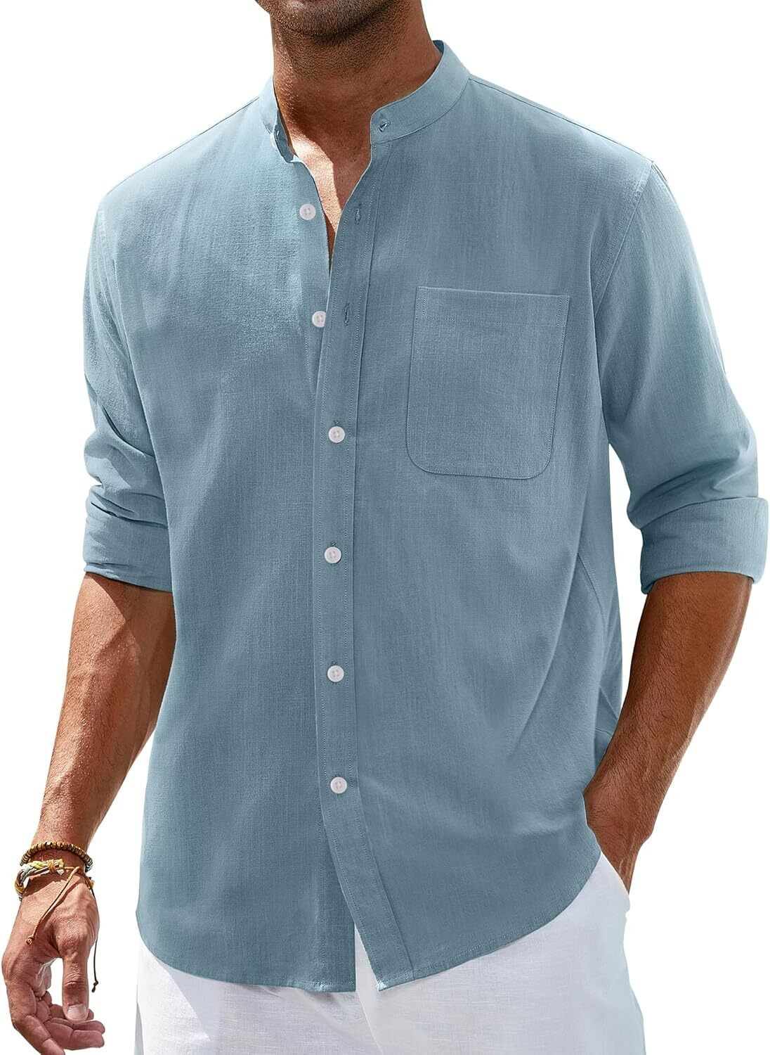 Men’s Linen Button Down Shirt Long Sleeve Band Collar Casual Beach Top