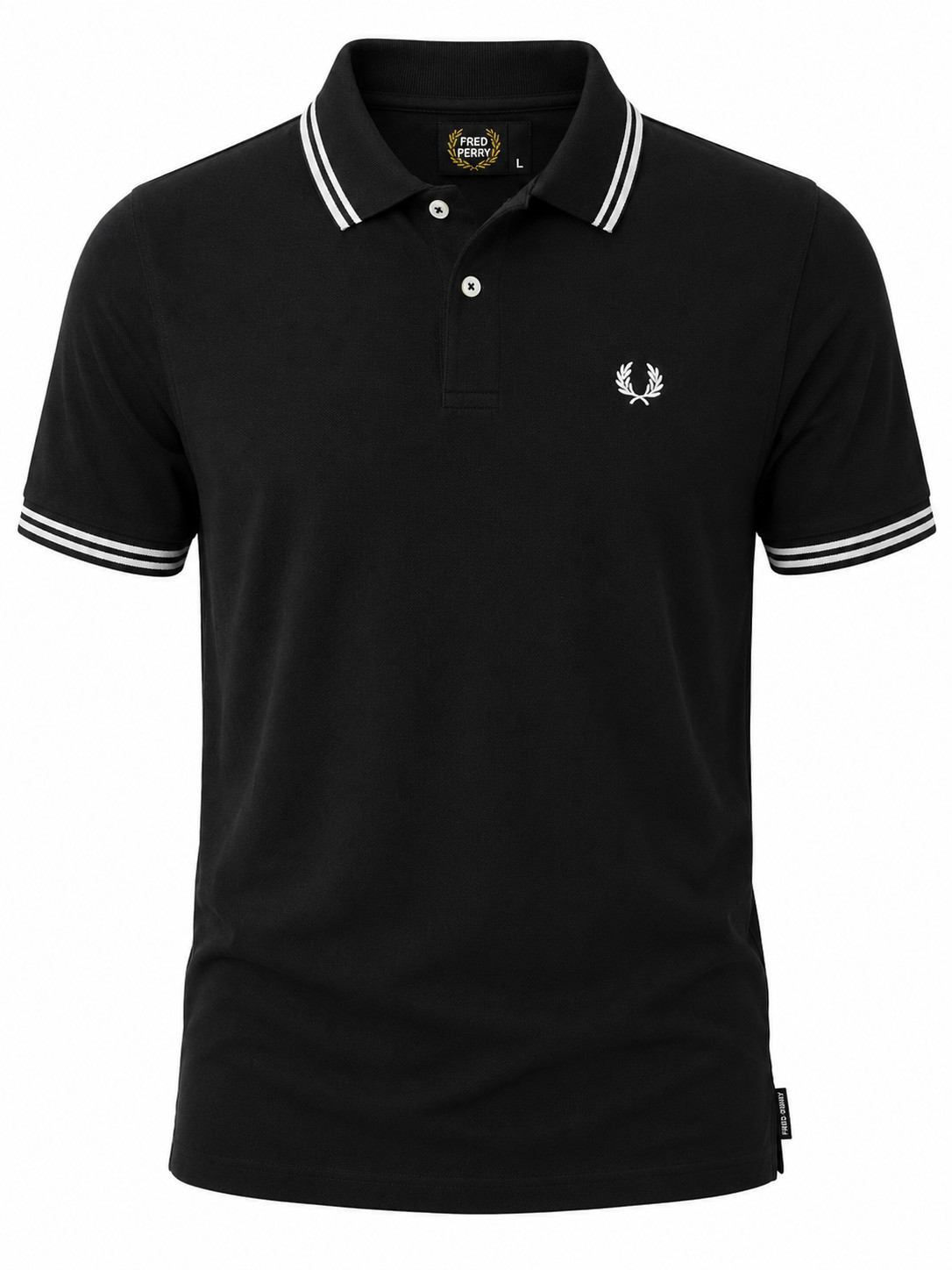FRED PERRY Men’s Black Polo Shirt Size L Button Front Striped Collar