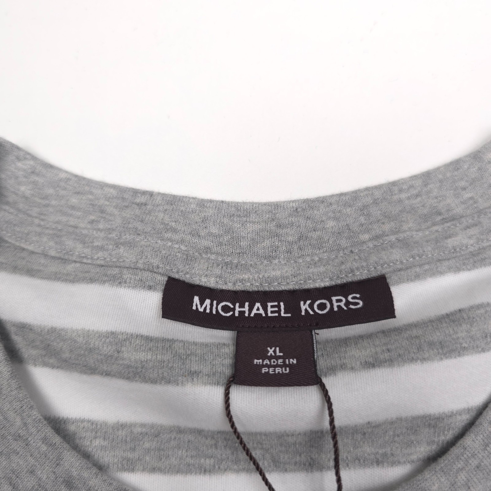 Michael Kors Gray & White Striped Interlock Crewneck Tee T-Shirt Mens Size XL