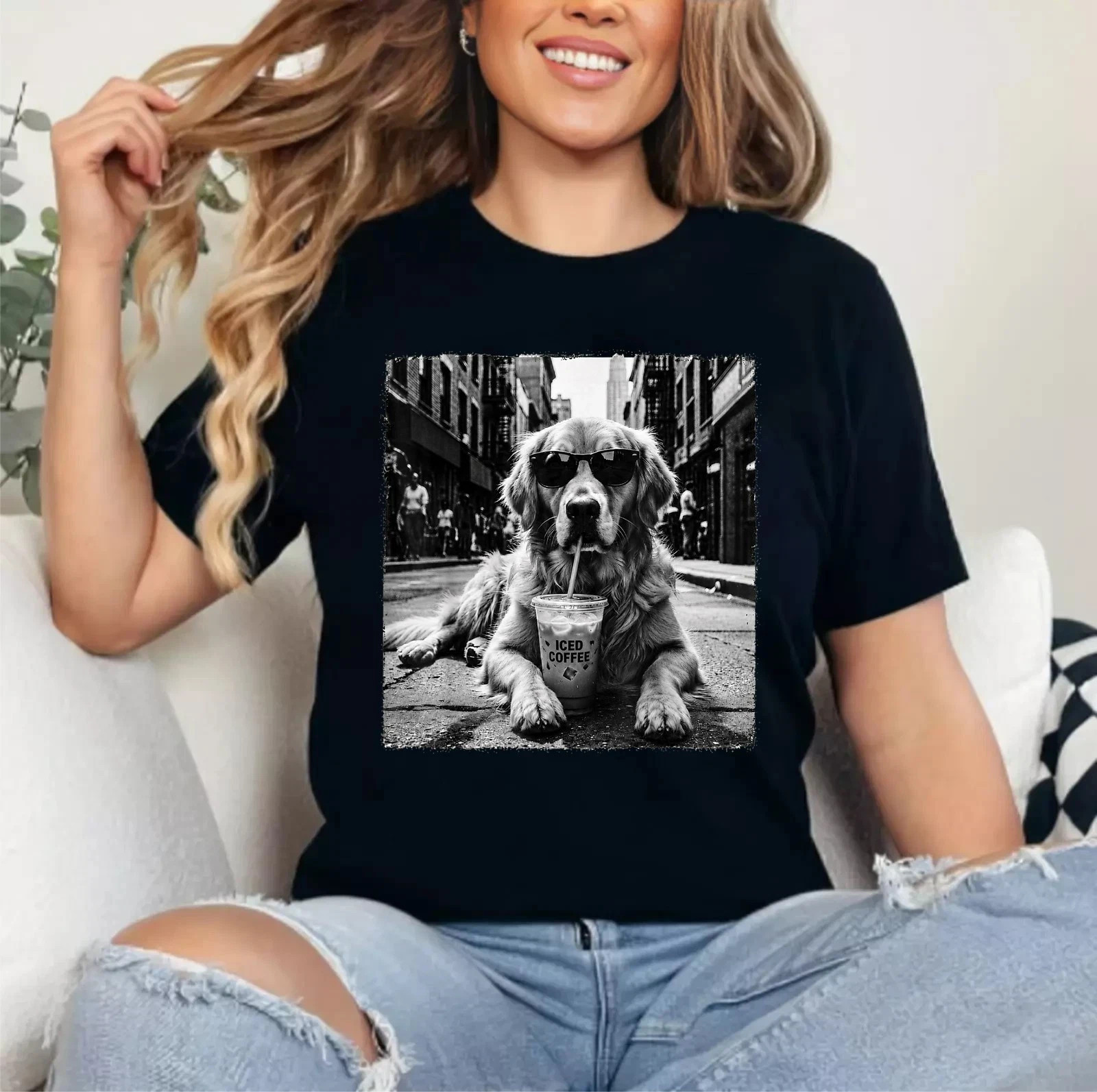 Golden Retriever Drinking Iced Milk Coffee Dog Lover Art Humor Unisex T-Shirt