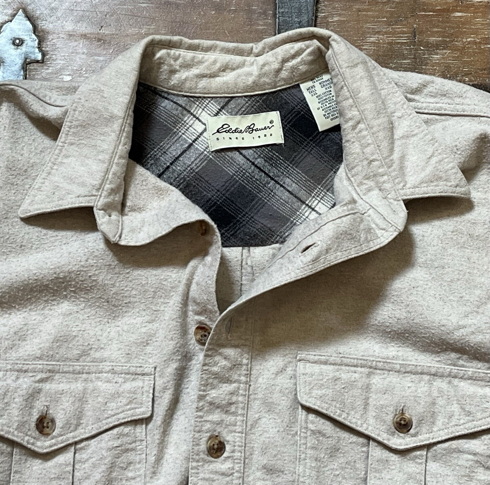 Vtg 90s Eddie Bauer-Oatmeal Chamois Brushed Flannel Button Shirt-Button 2 XXL-T