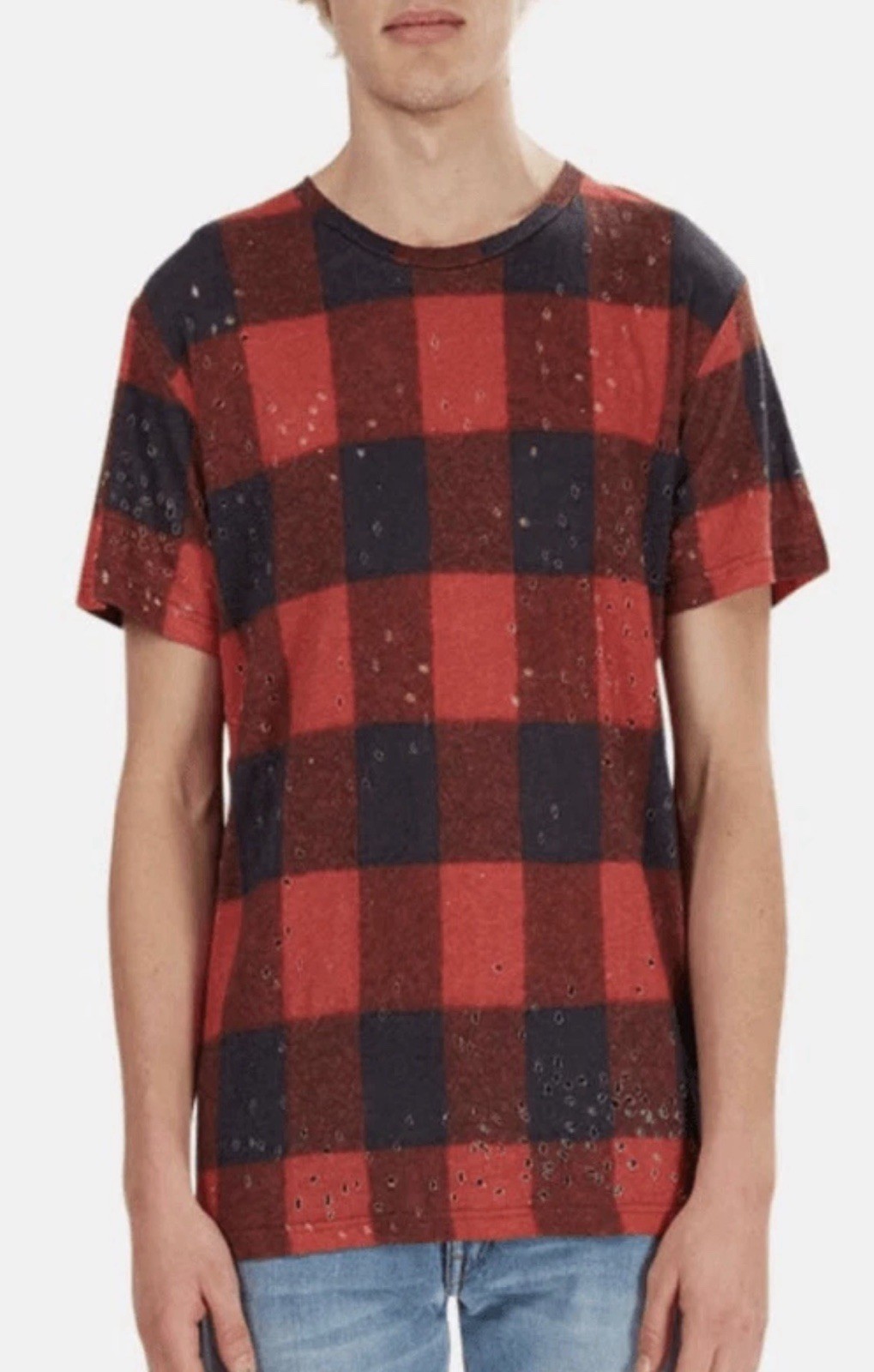IRO ALESSIO TEE in BUFFALO CHECK Red Black Medium 100% Linen Distressed #AAA5-4