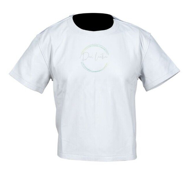 Men’s Soft White Cowhide Leather Side Zipped Half Sleeve Slim Fit T-Shirt