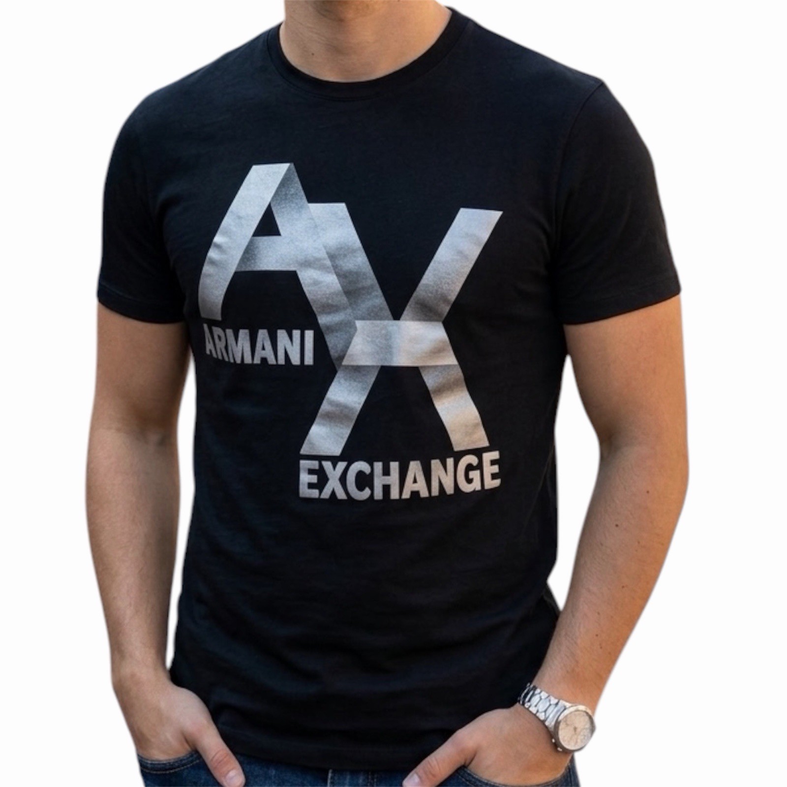 ARMANI EXCHANGE Black Silver AX LOGO Short Sleeve Slim Fit Designer T-shirt NWT