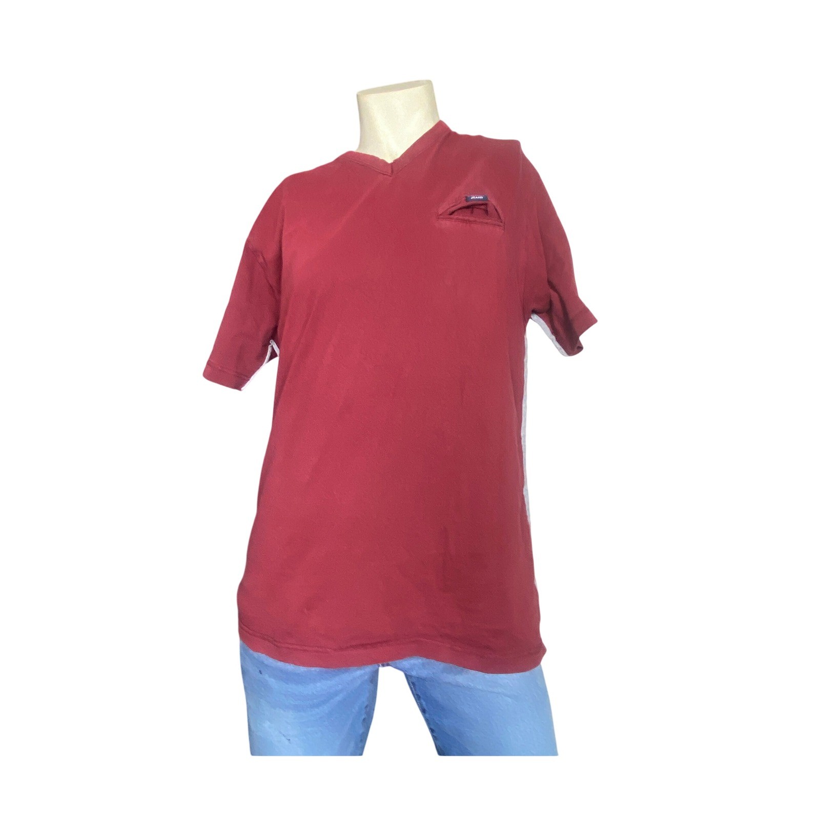 Vintage Tommy Jeans Mens Large Red V Neck Pocket T Shirt Flag Logo 90s