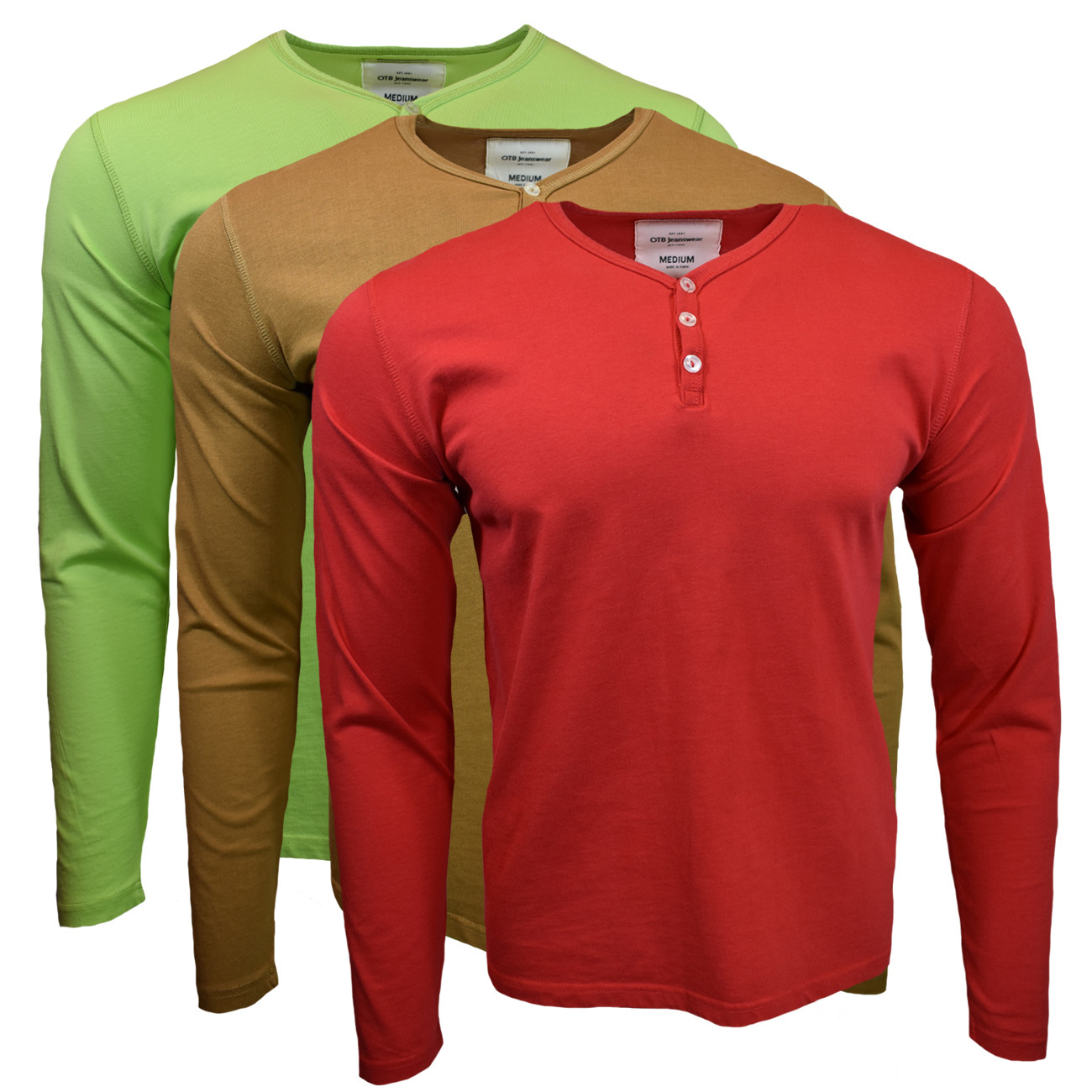 Men’s Henley-Long Sleeve-OTB-Slim Fit -Pullover 3 Button Henley-100% Cotton-NEW.