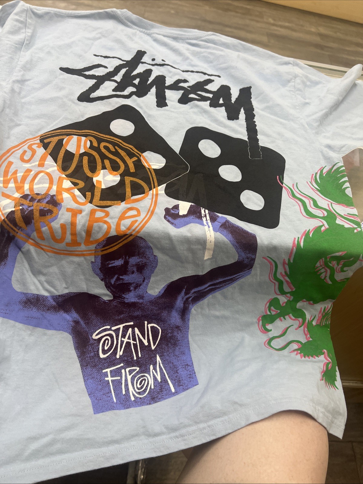 Stussy Light Blue Graphic Tee Medium OVERSIZED Stand Firm World Tribe