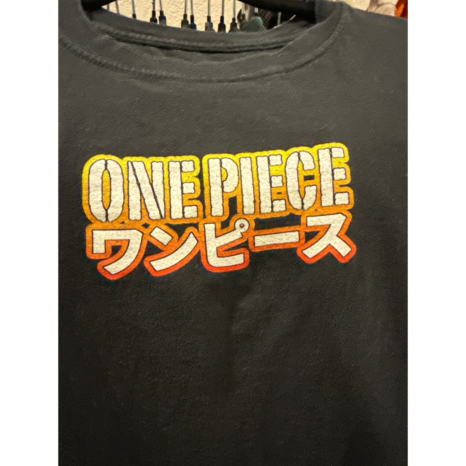 One Piece Anime T-Shirt Mens Large Black Straw Hat Crew Graphic Back Print Tee