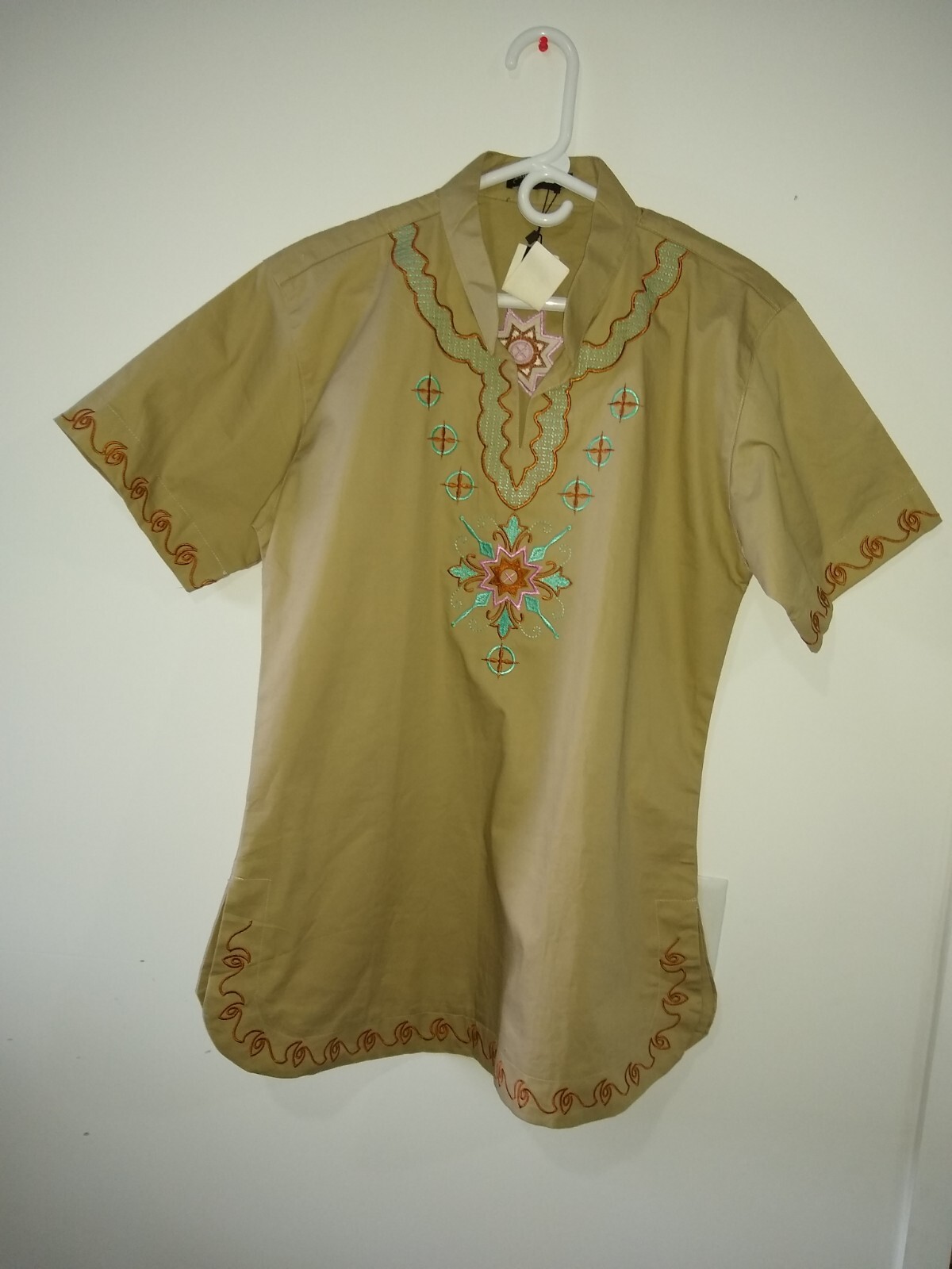 King &Jack Short Sleeve pull On Mixed Top XL Kaki With Embroidered Decorations