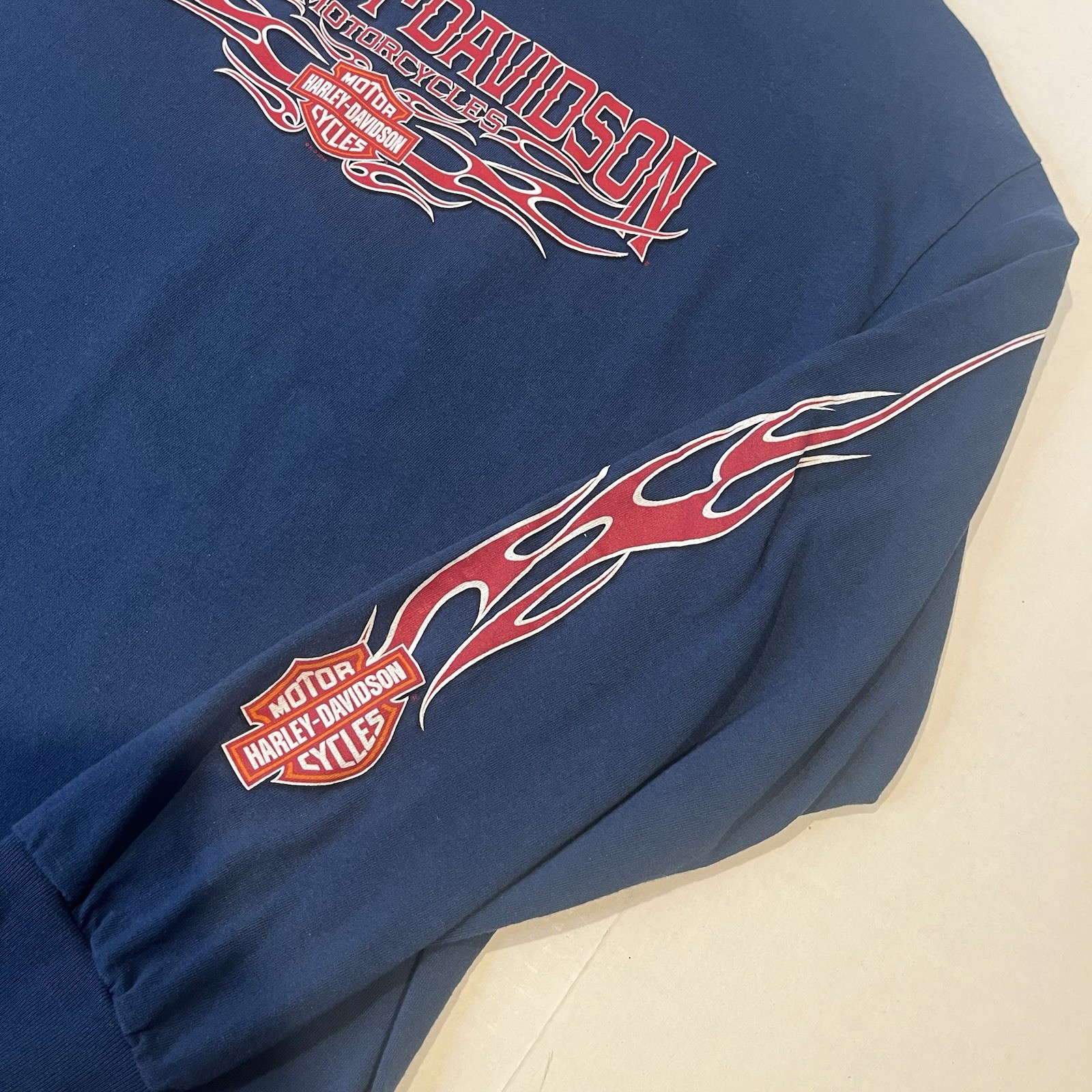 Harley Davidson Large Blue Long Sleeve Graphic T Shirt Kansas City Flames Clean