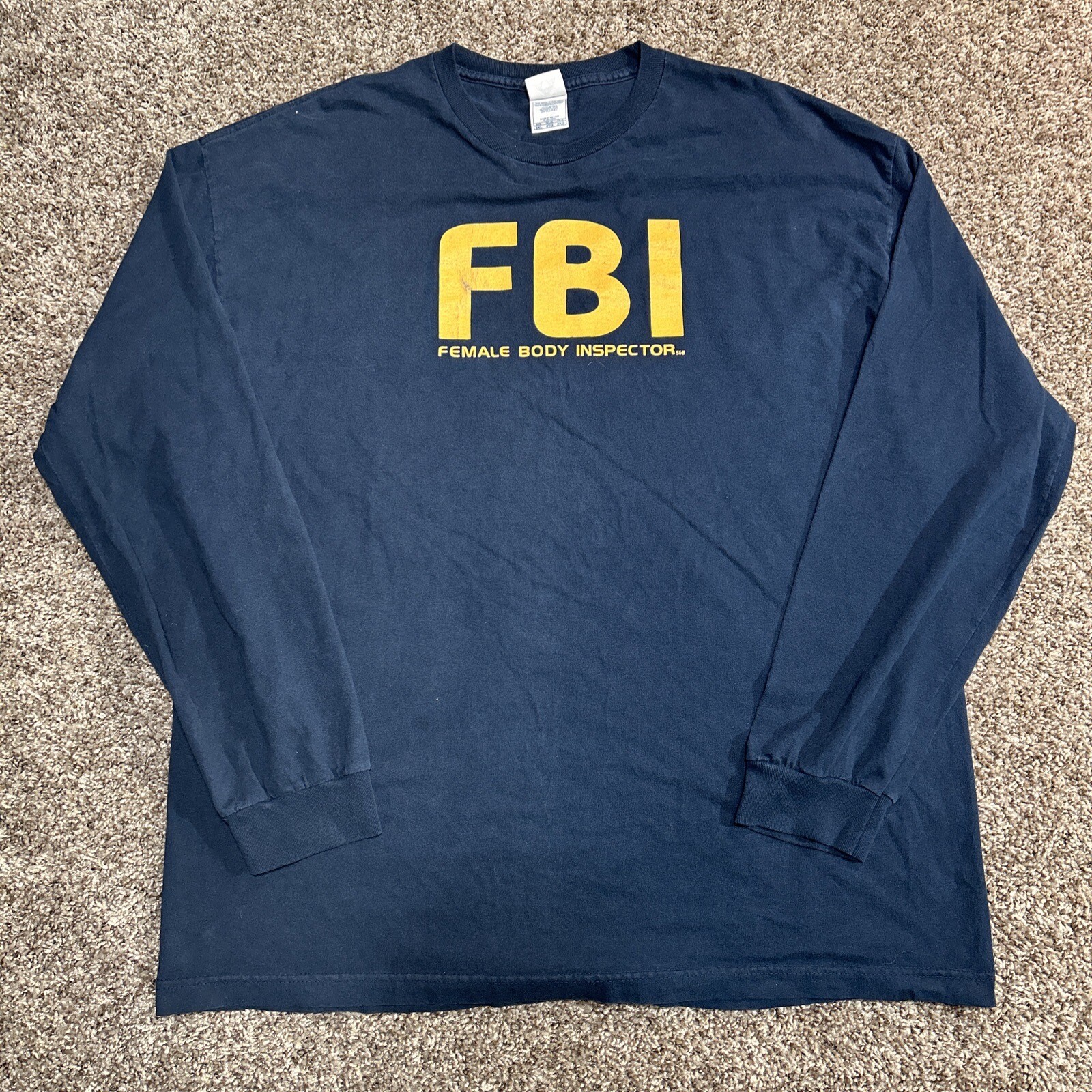 Vintage FBI ‘Female Body Inspector’ T Shirt Mens 2XL Long Sleeve Navy Cotton Y2K