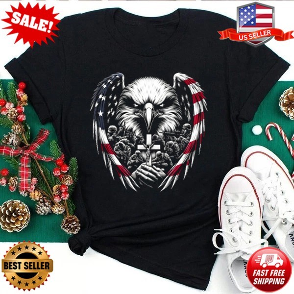 Patriot America Eagle Wings Soldiers 4th of July Praying Cross T-Shirt S-3XL