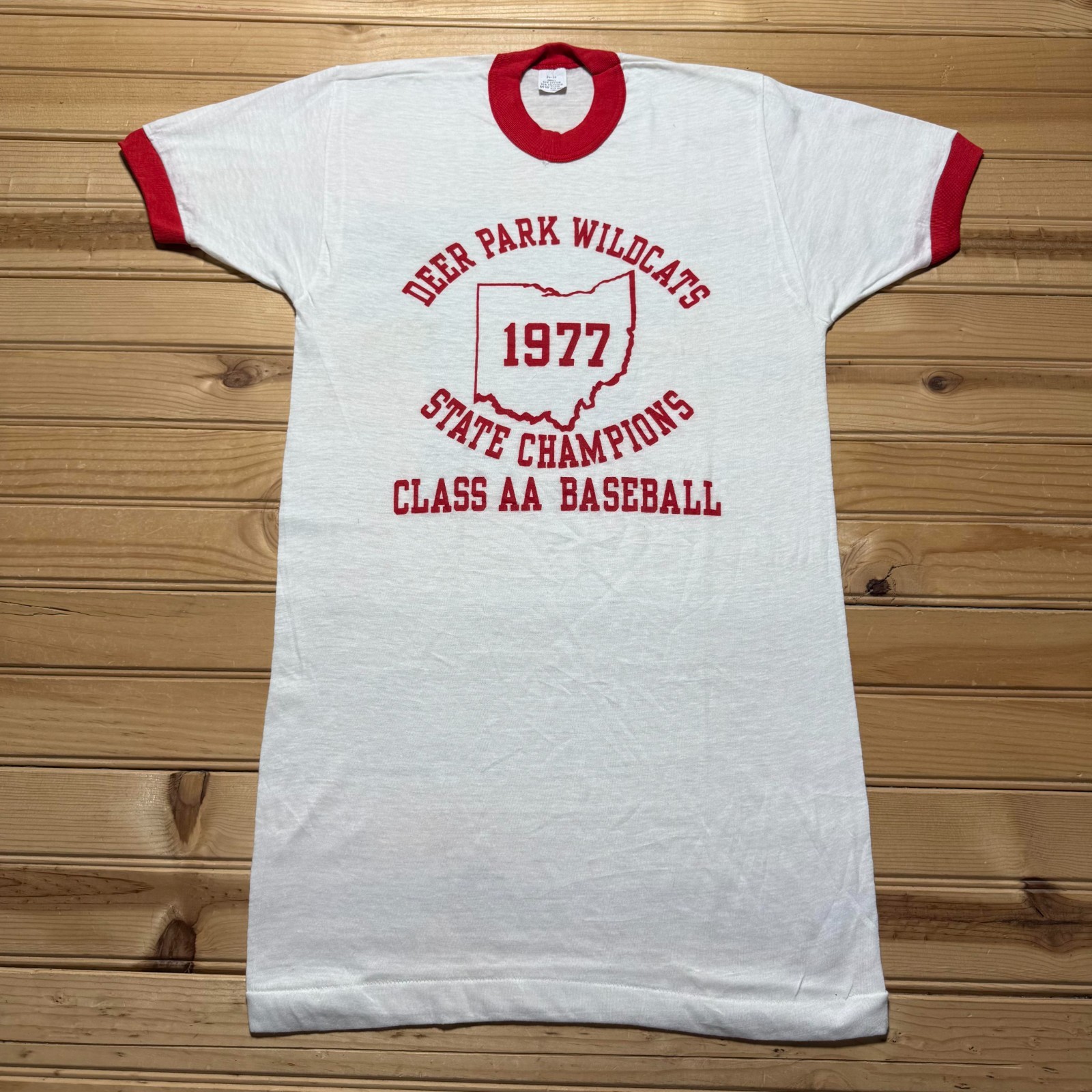 Vintage 1977 Deer Park Wildcats State Champions Baseball Ringer T-Shirt – Small