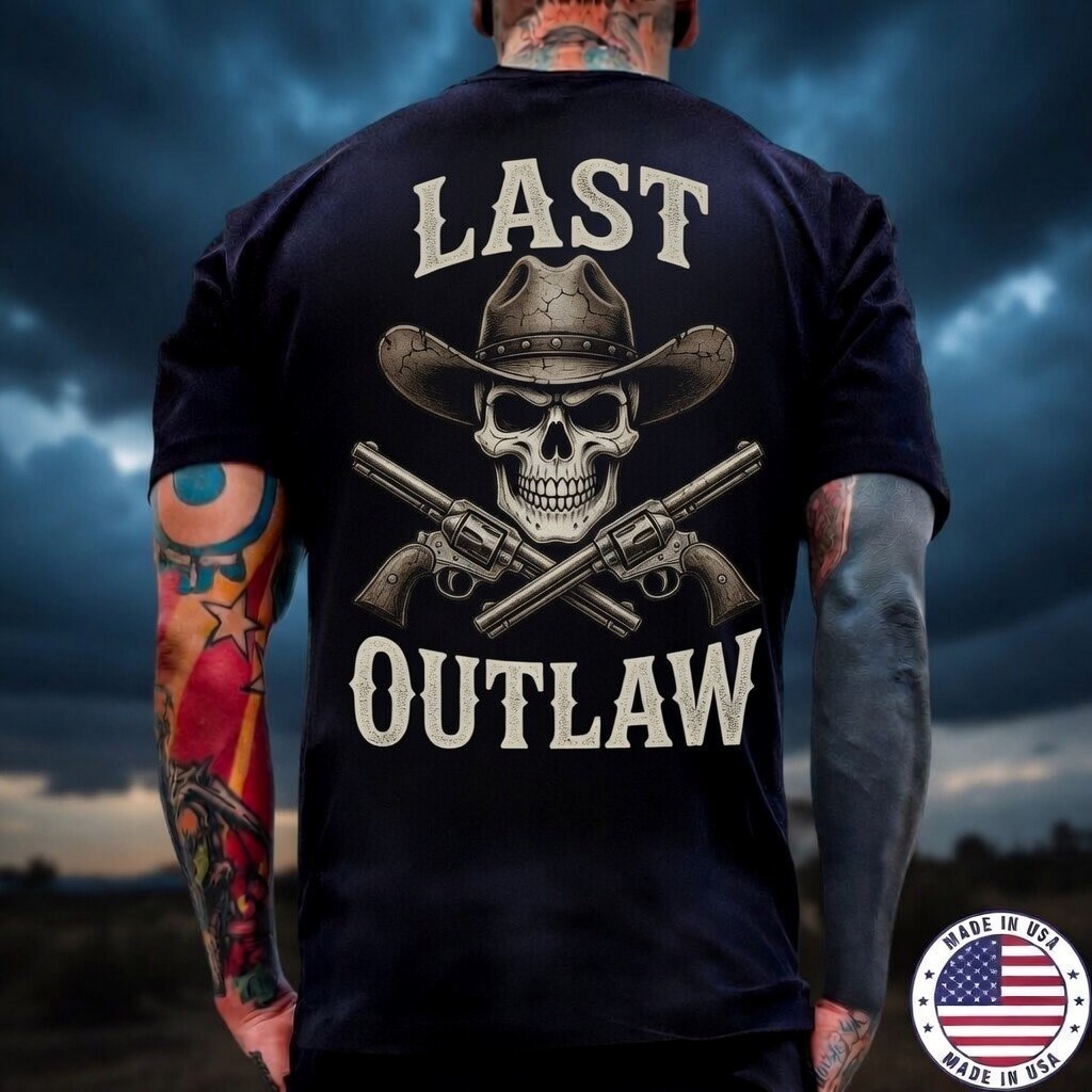 Last Outlaw Skeleton Cowboy Skull T-Shirt Mens Black Western Made in USA Tee