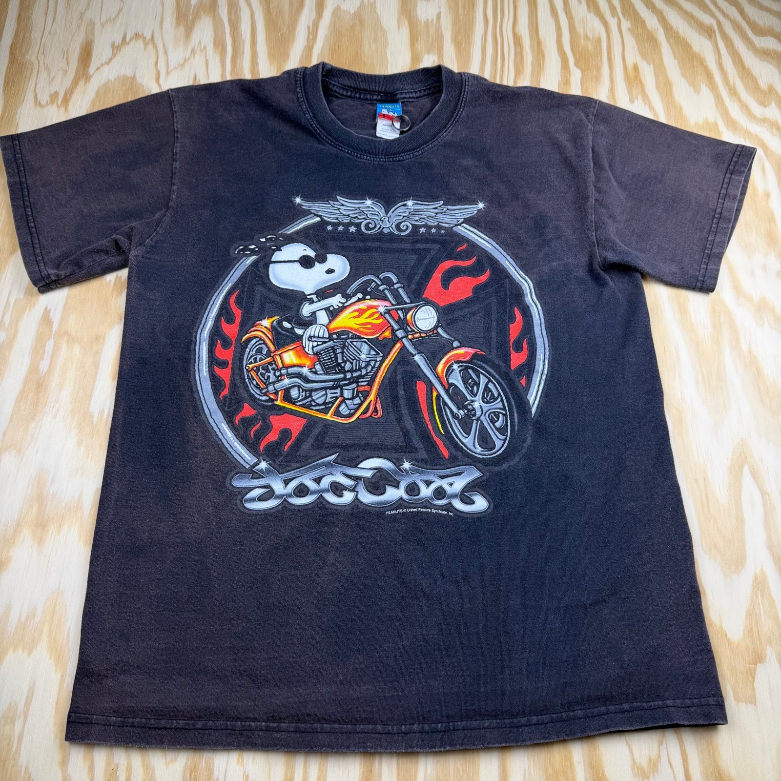 Vintage Peanuts Joe Cool Snoopy Biker Motorcycle Graphic T-Shirt Black Mens M