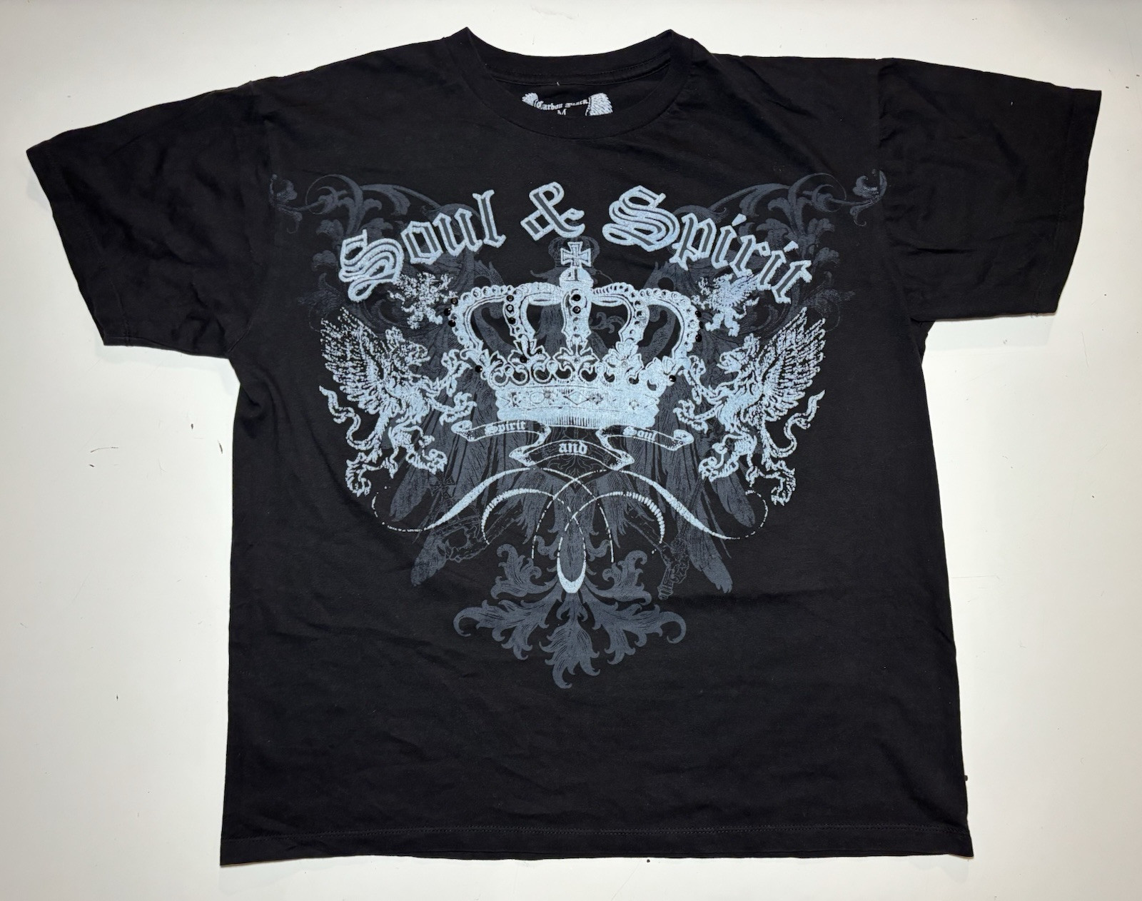 Vtg Y2K Carbon Black AOP Beaded Crown Crest Eagle T Shirt S/M (read)* Cyber Goth