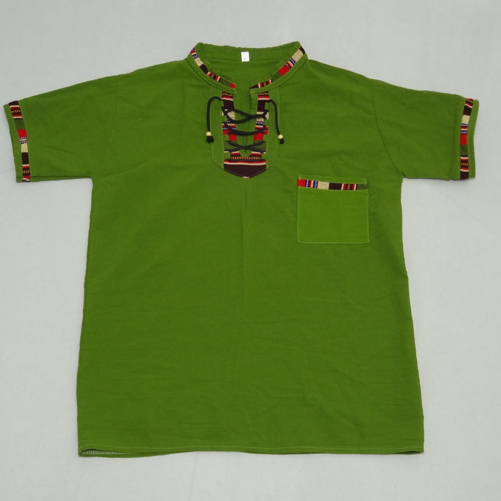 Artisanal Guatemalan Colorful Trim Shirt Green Cotton Mayan Men’s M / Women’s L