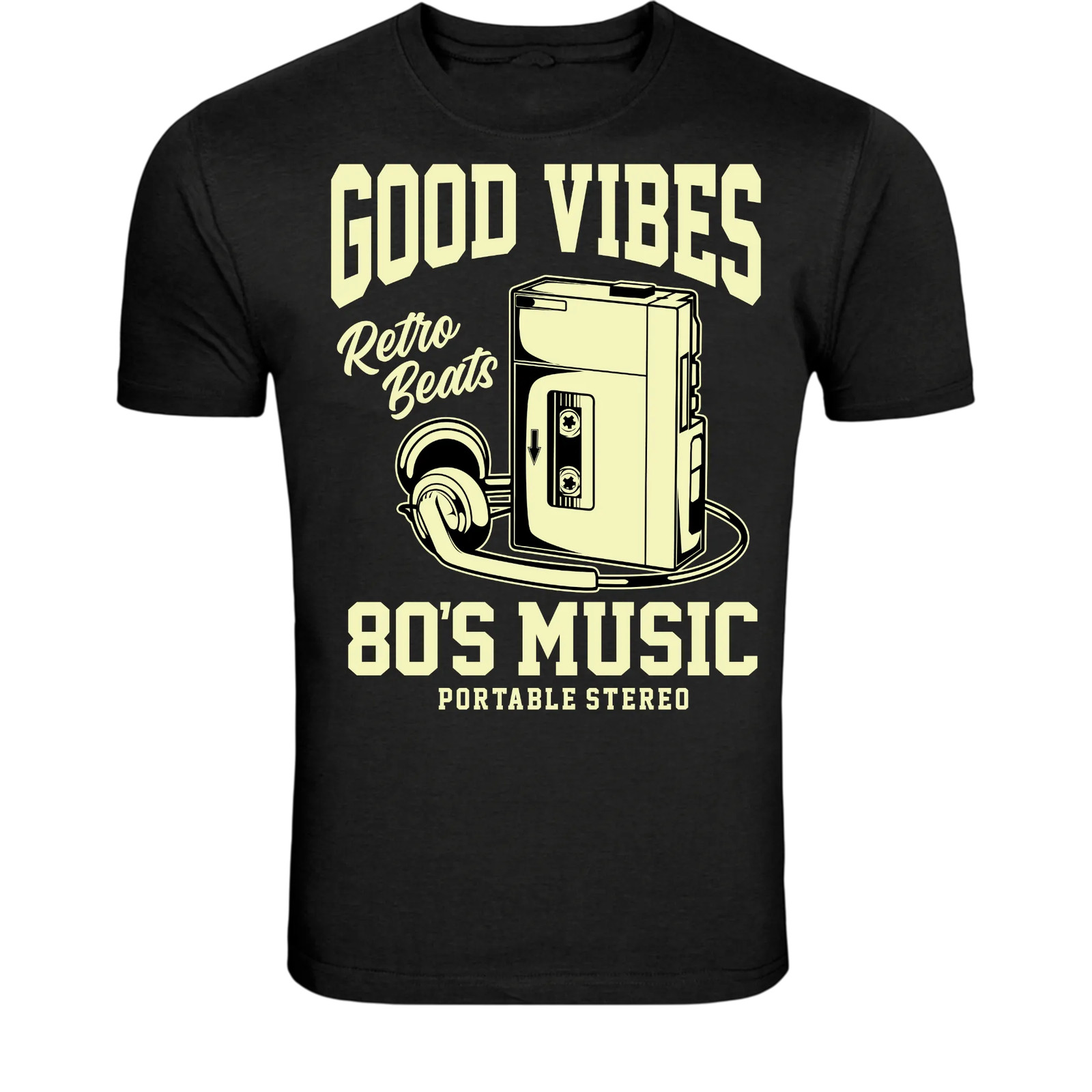 Good Vibes 80s Music T-Shirt – Retro Cassette Tape Headphones