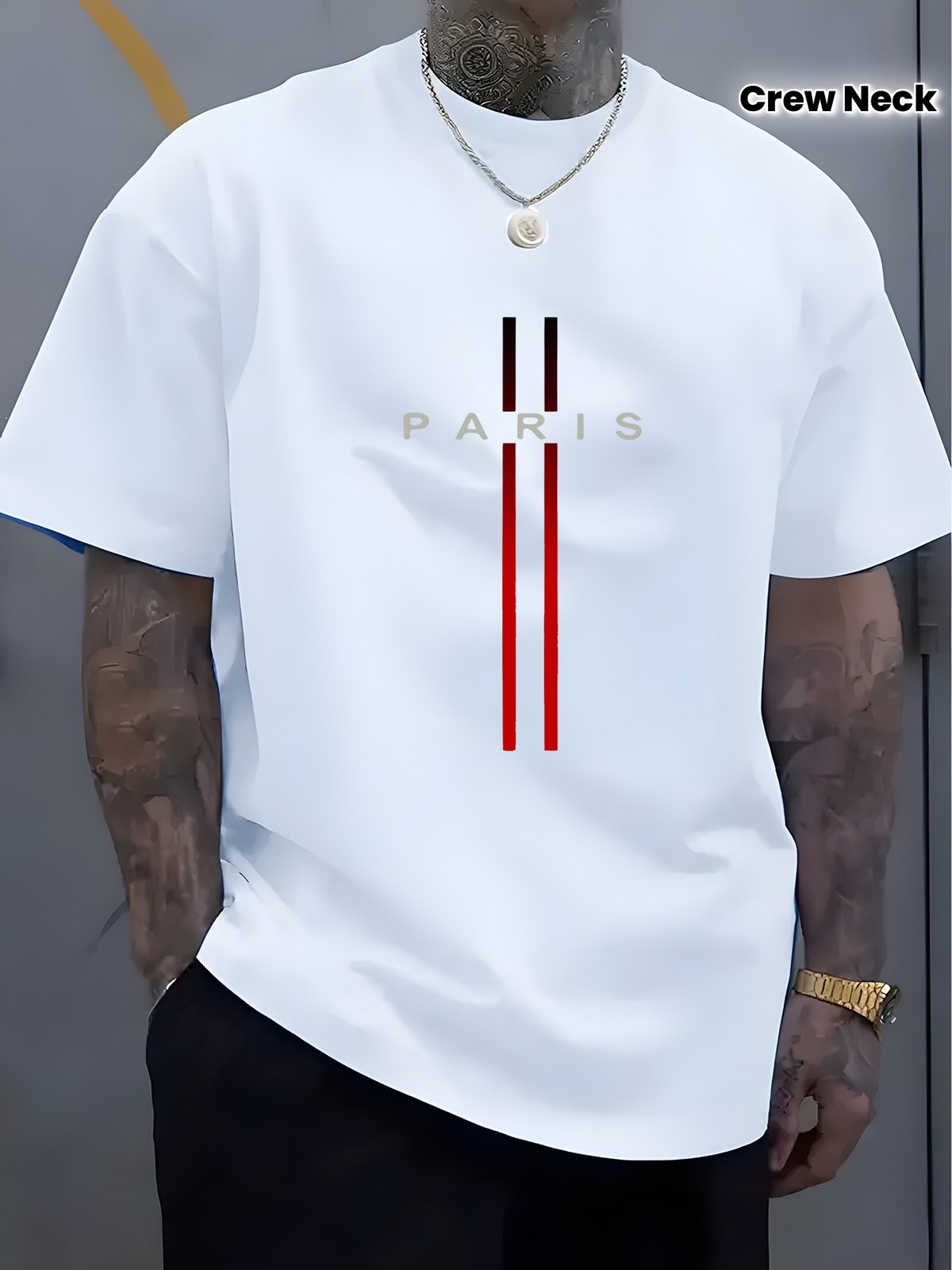 Paris Stripe Graphic T-Shirt Men’s Crew Neck Casual Streetwear Tee Top