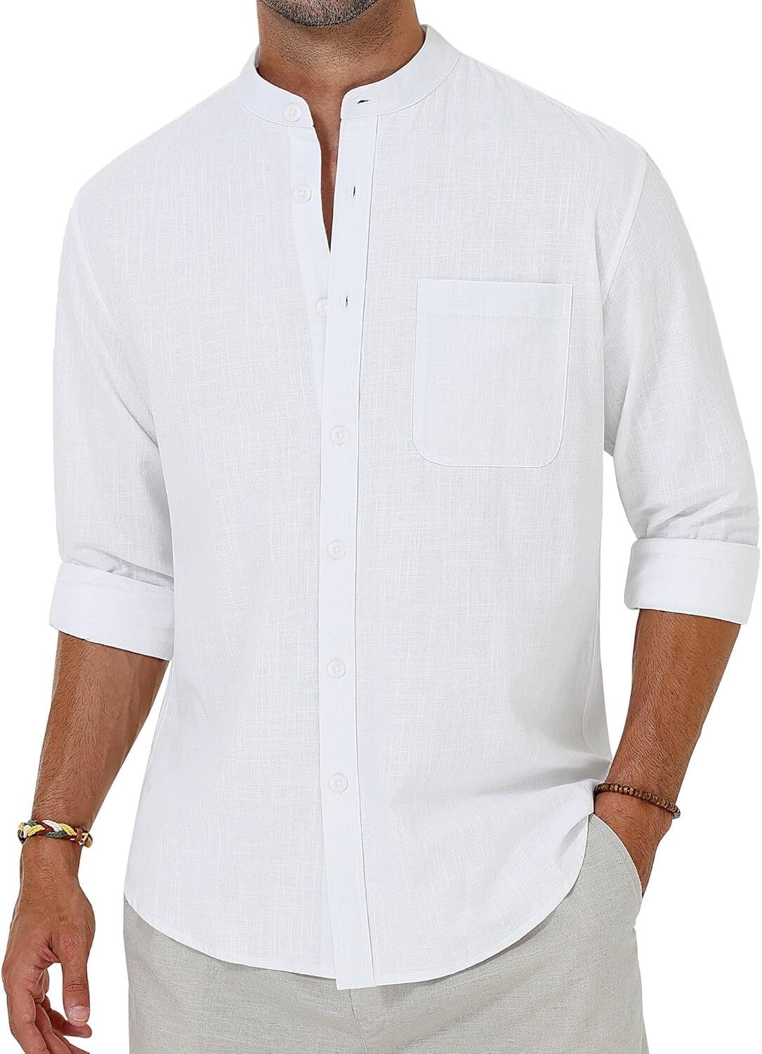 Men’s Linen Button Down Shirt Long Sleeve Band Collar Casual Beach Top