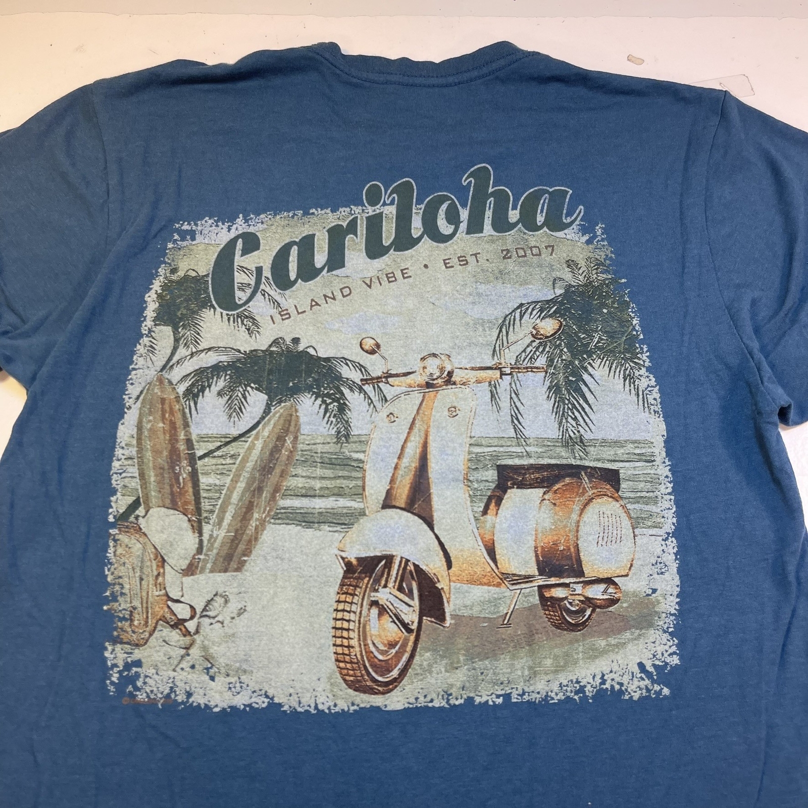 CARILOHA ISLAND VIBE BEACH HAWAIIAN ALOHA TEE T SHIRT Mens S Blue Bamboo Cotton