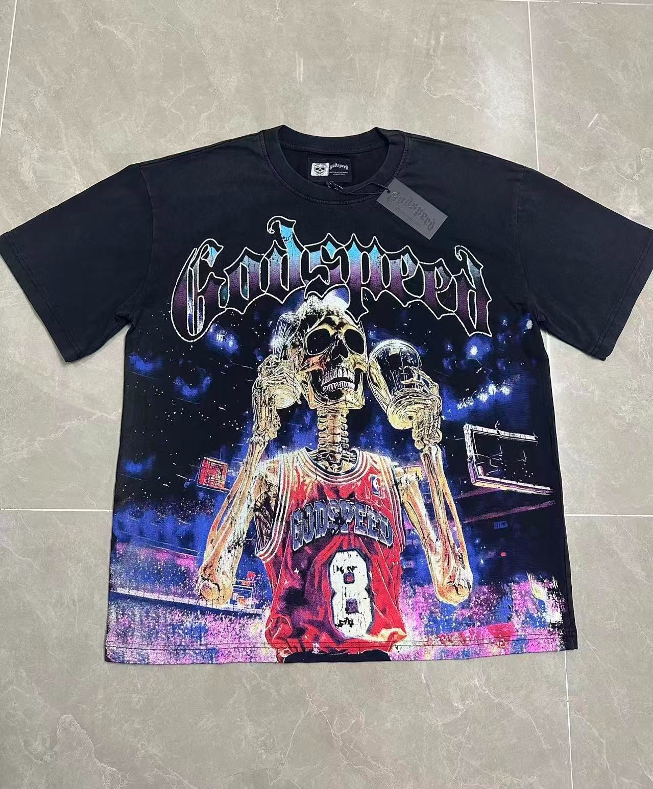 Mens NEW Godspeed Skeleton Basketball player trophy print Short sleeved T-shirt