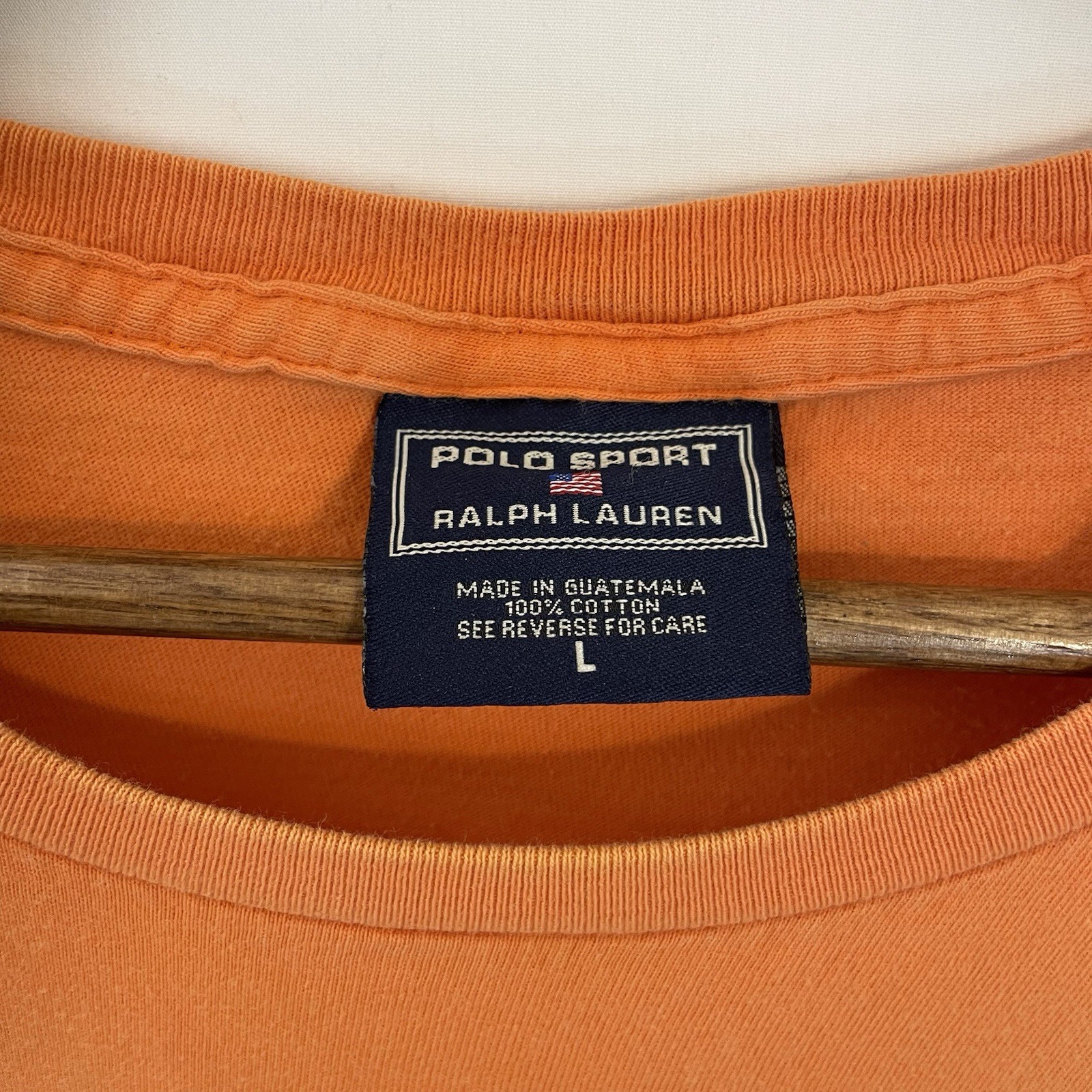 VTG Polo Sport Ralph Lauren Tshirt Orange Mens L Spellout Crewneck 100% Cotton