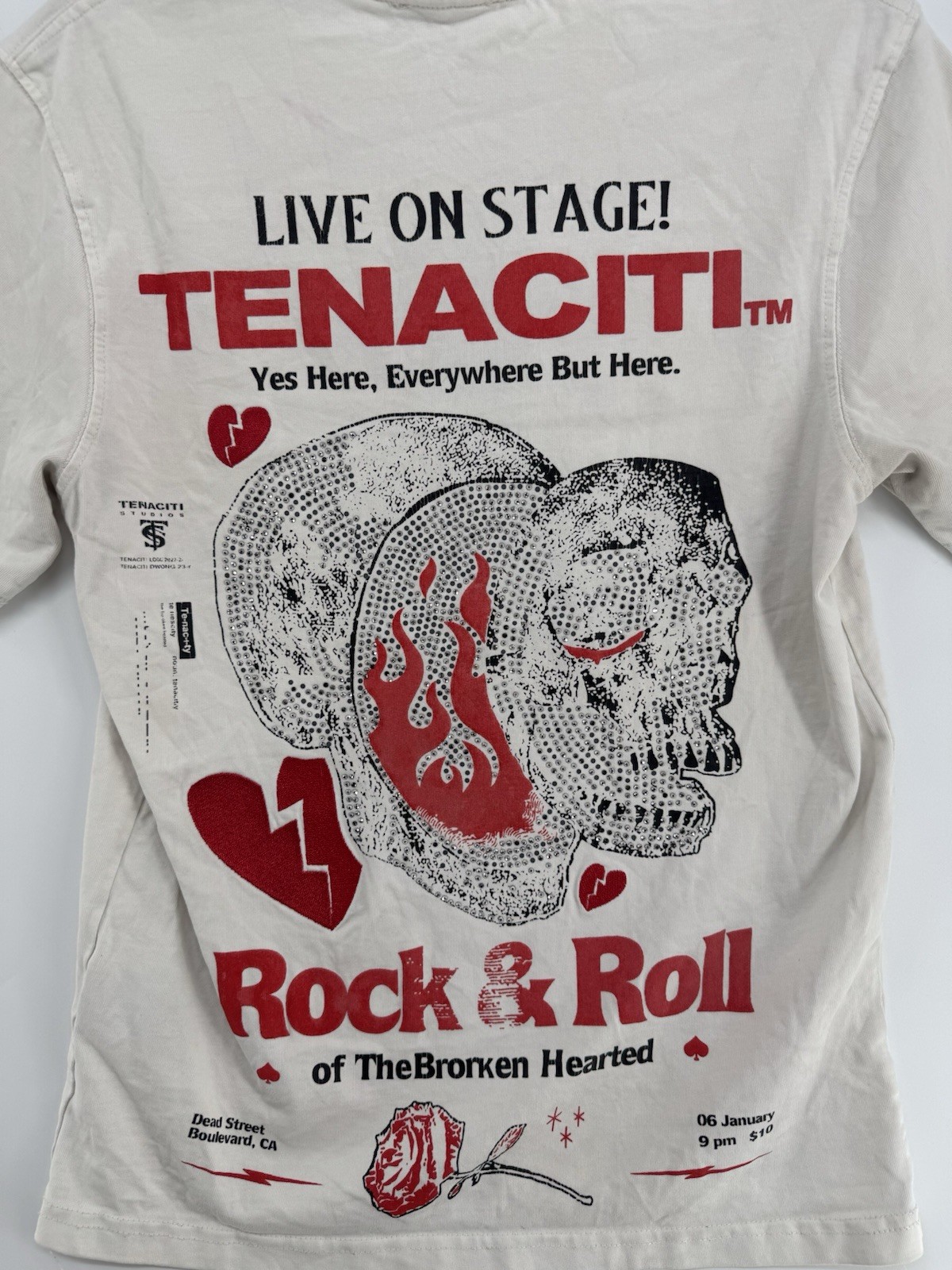 Tenaciti Rock And Roll White T Shirt Size XS, Flaws