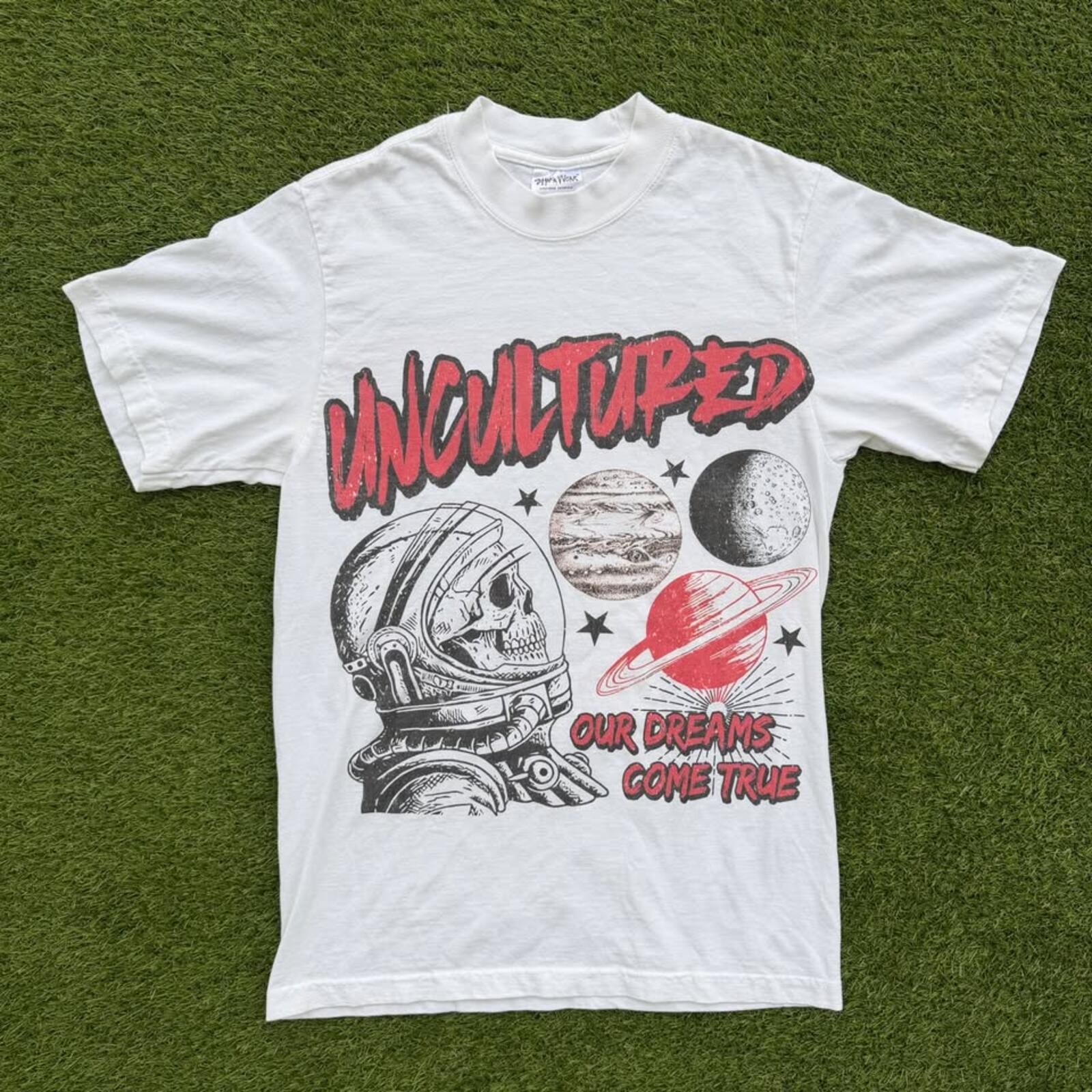 Uncultured Space Team Skull Astronaut Tee Mens S White Streetwear Graphic Shaka