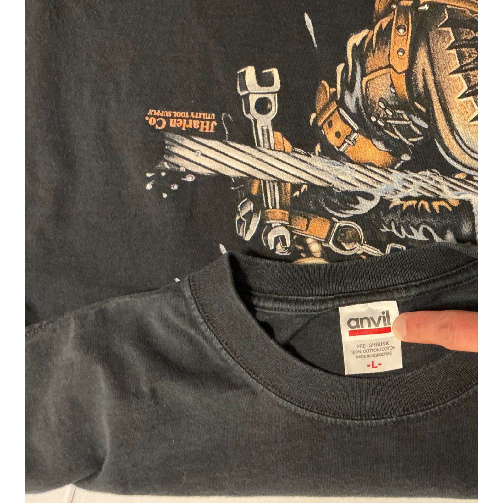 VTG Y2K JHarlen Co T-Shirt Skull Electric Worker Long Sleeve Shirt Mens L Black