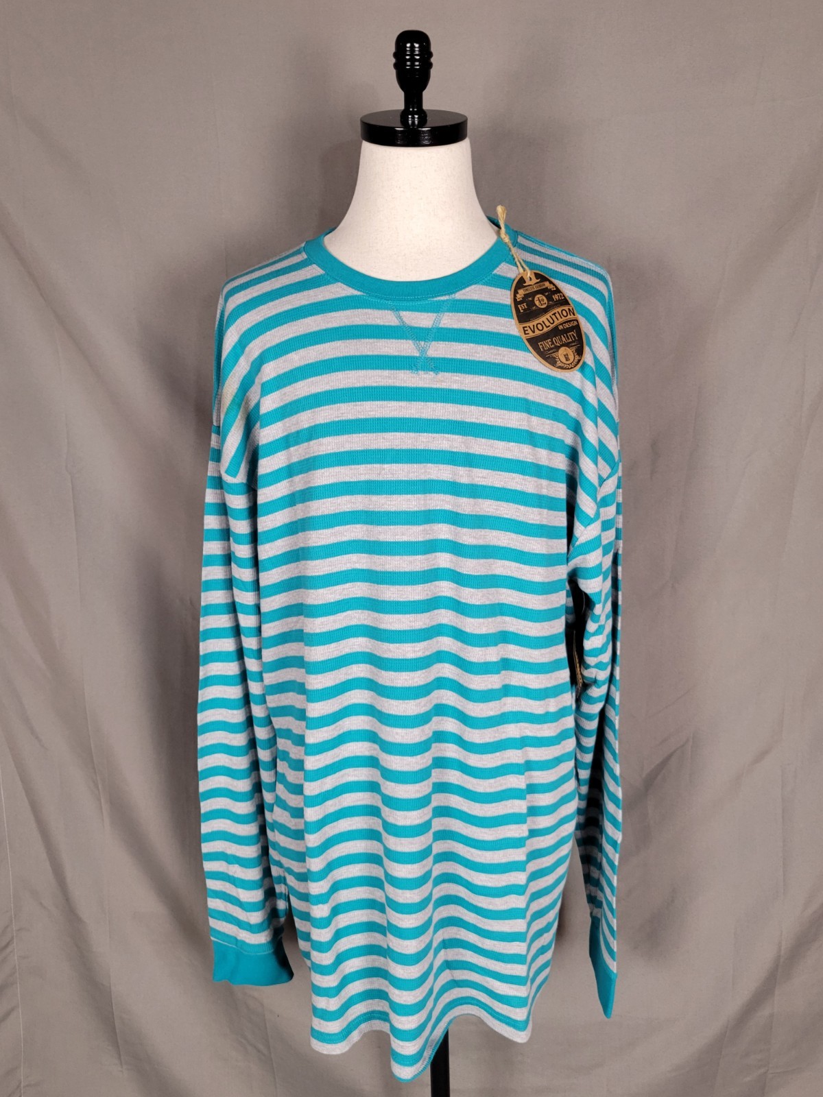 Evolution Mens 6XL Teal/Gray Striped Waffle Thermal T-shirt Long Sleeve