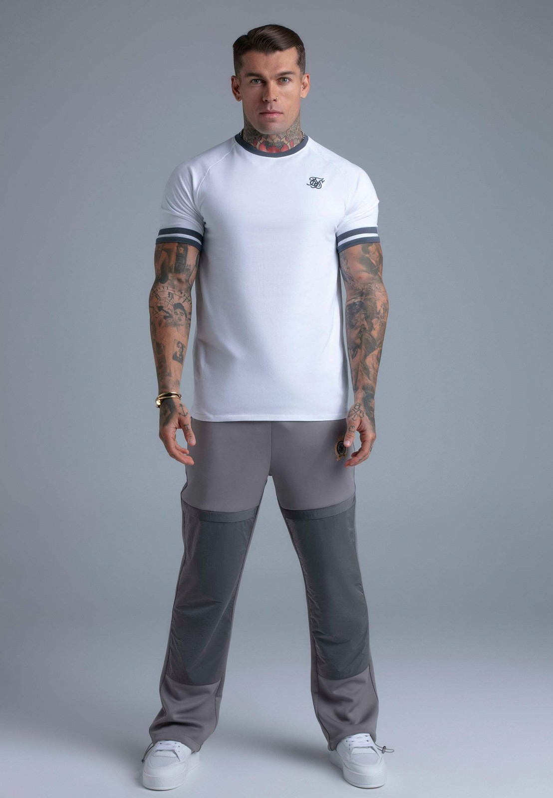 SikSilk Men’s Short Sleeved Muscle Fit Tournament T-Shirt Tee White and Grey