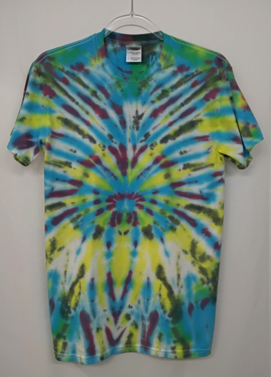 New Tie Dye Men’s T-Shirt Blue Yellow Adult Small Multicolor Summer Spider