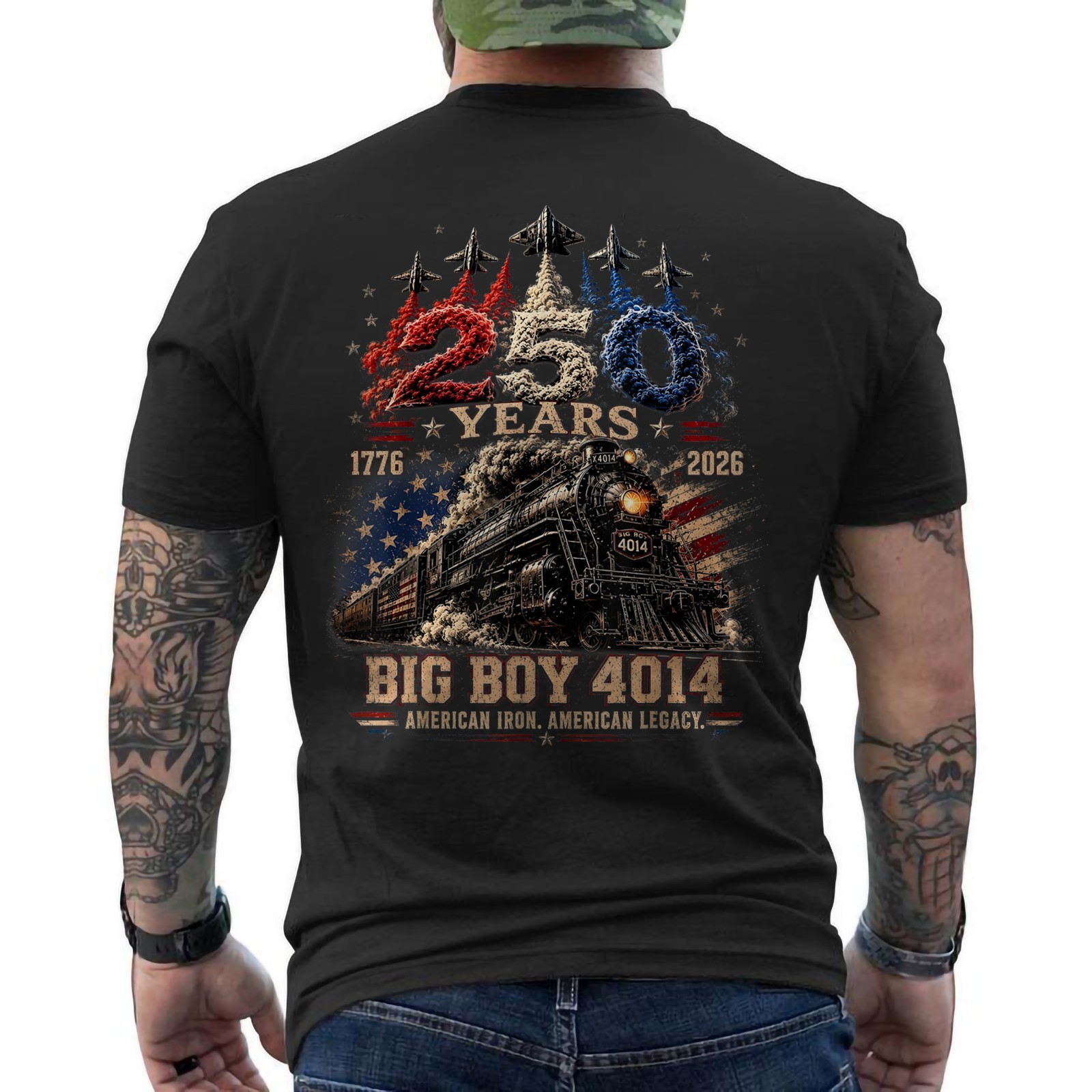 250 Years Big Boy 4014 Train US Flag Fighter Jet Vintage Patriotic ON BACK