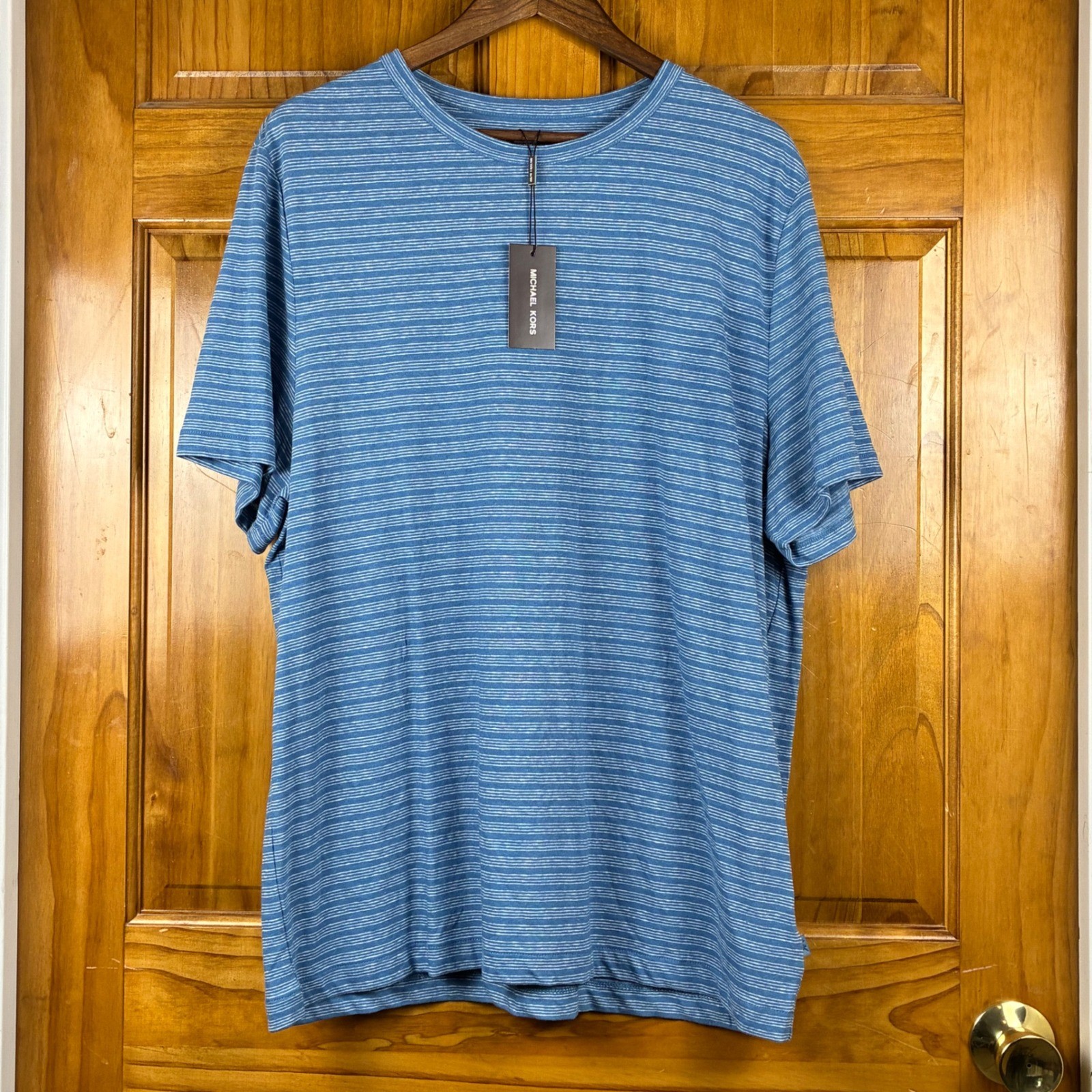 Michael Kors Mens Blue Striped Linen Cotton Blend Short Sleeve T-Shirt XL NWT