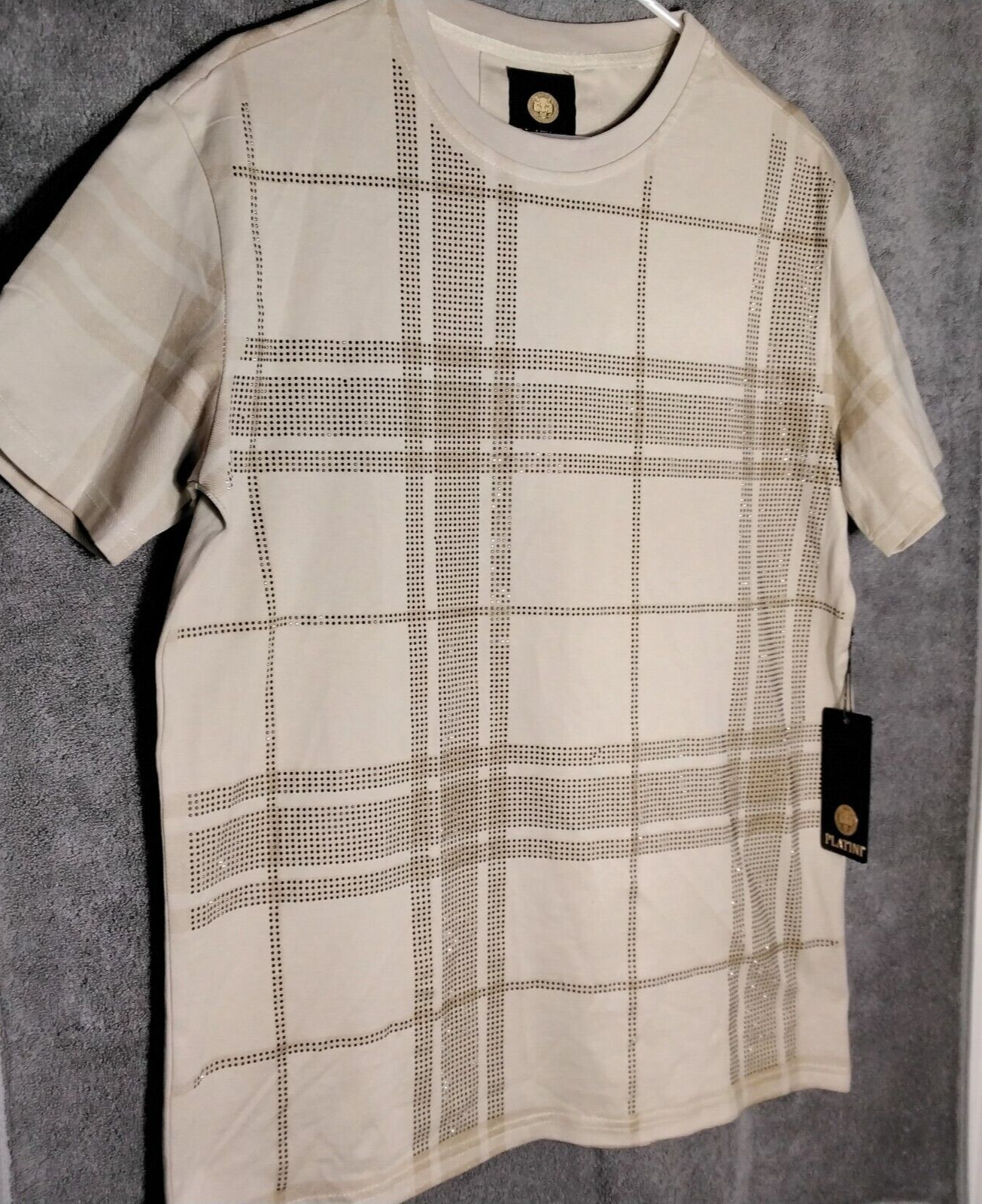 Platini Black Label Shirt Mens Size XL Beige Geometric Beaded Short Sleeve